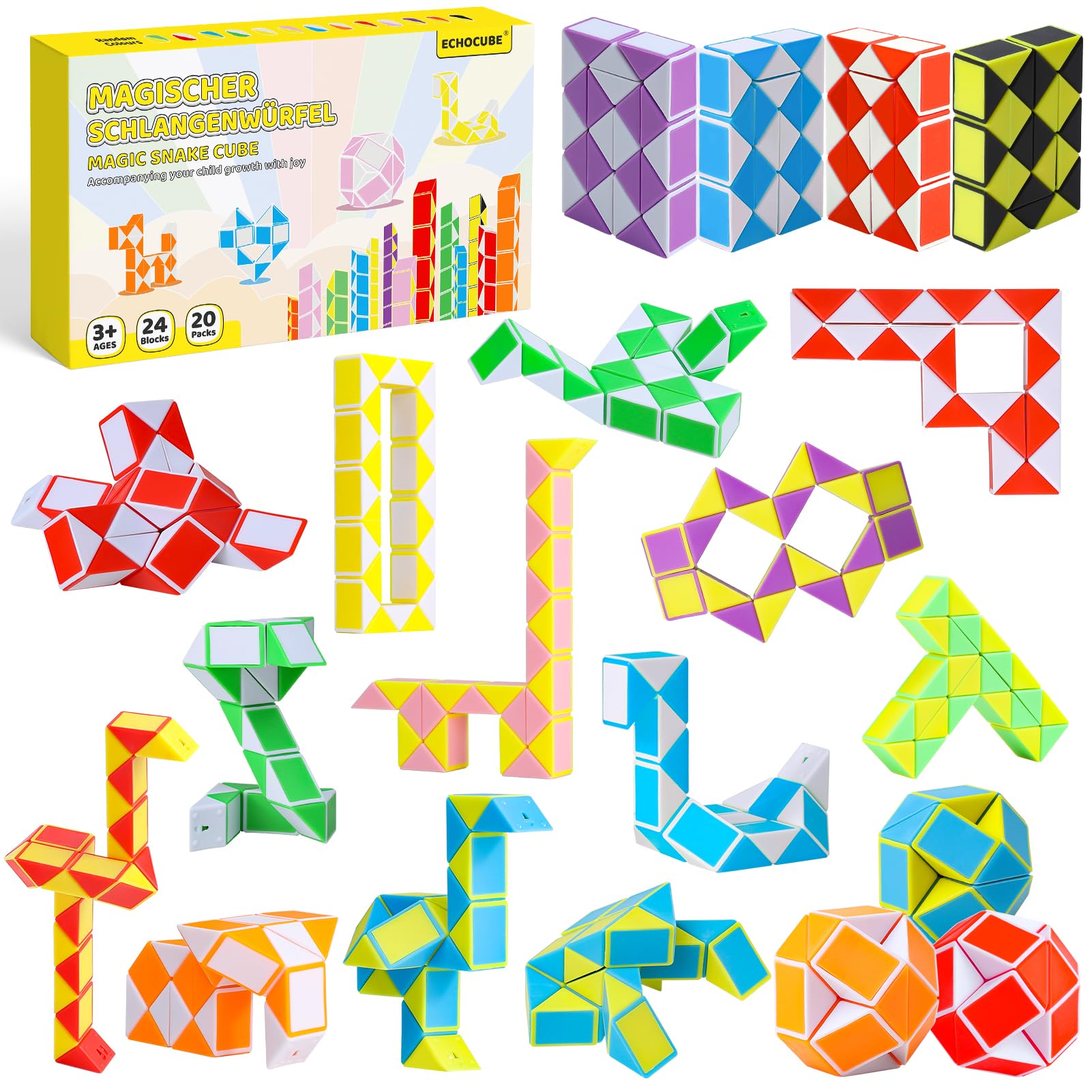 ECHOCUBE Magic Snake Cube, 20 Pack 24 Blocks Speed Cube Party Bag Fillers, Twist Snake Puzzle Toys, Party Favours for Kids (Random Color)