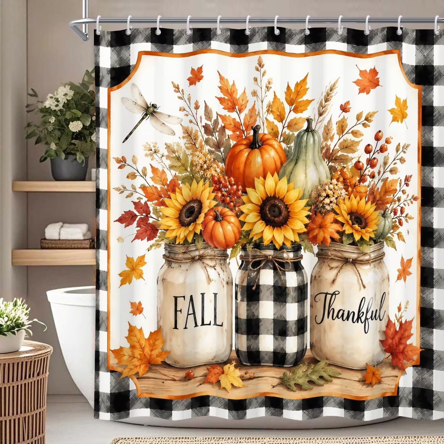 Fall Pumpkin Maple Leaves Shower Curtain,72x72inch Farmhouse Shower Curtain