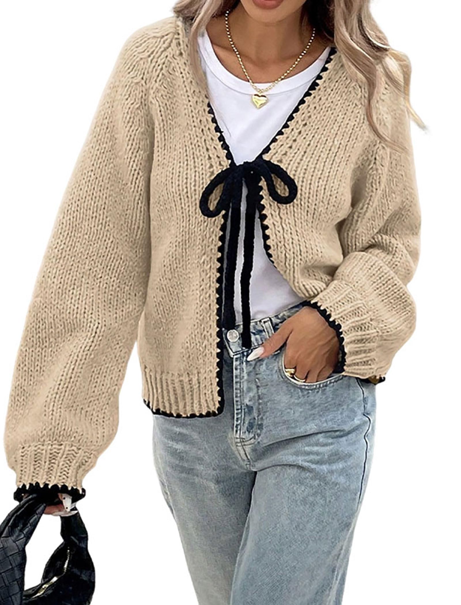 ZAFUL Womens Long Sleeve Cardigan Cute Tie Front V Neck Bow Puff Fall Winter Loose Knit Trendy Cardigan