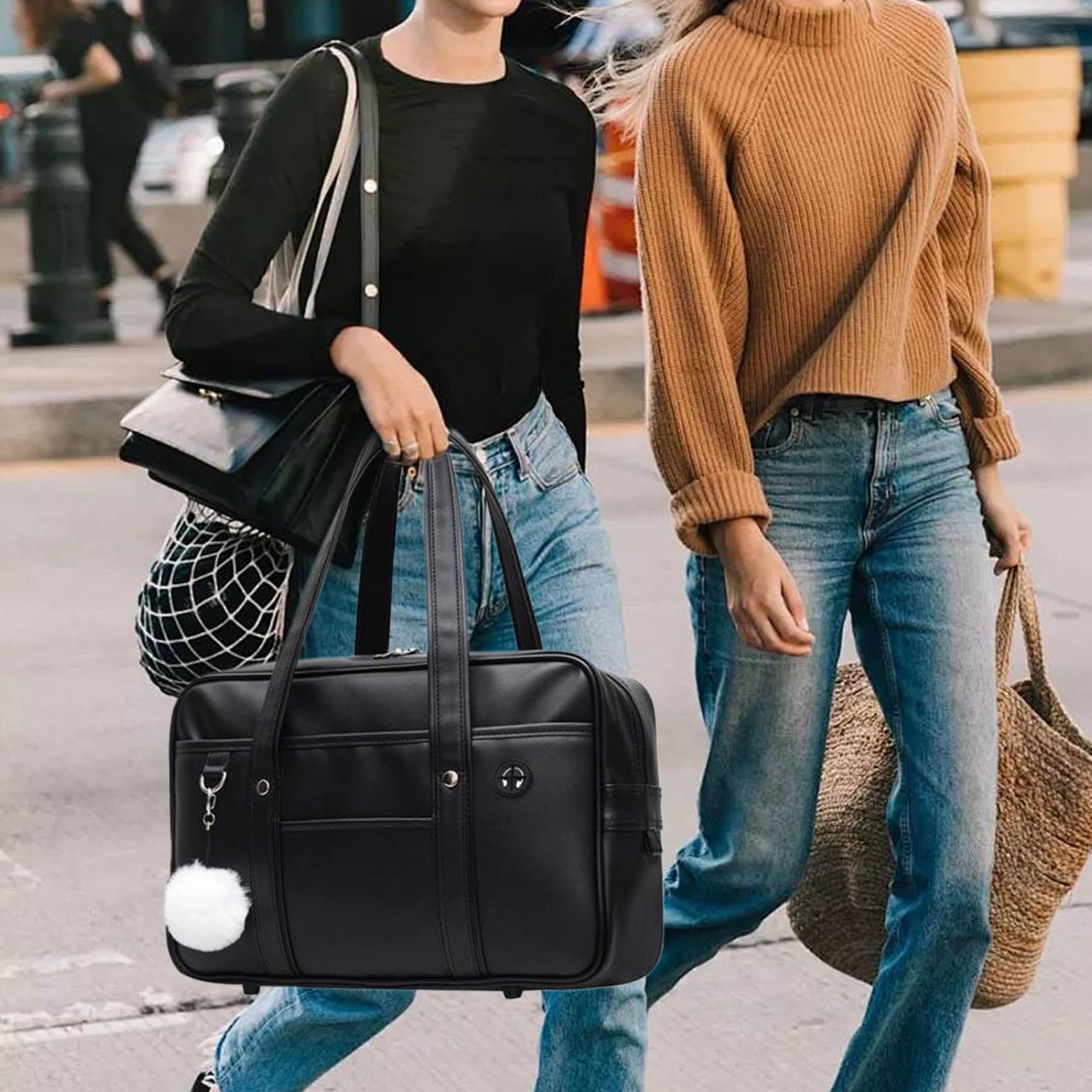 Borsa per la scuola giapponese in pelle PU, borsa multi tasca di capacità con foro per cuffie, a tracolla per laptop per studenti