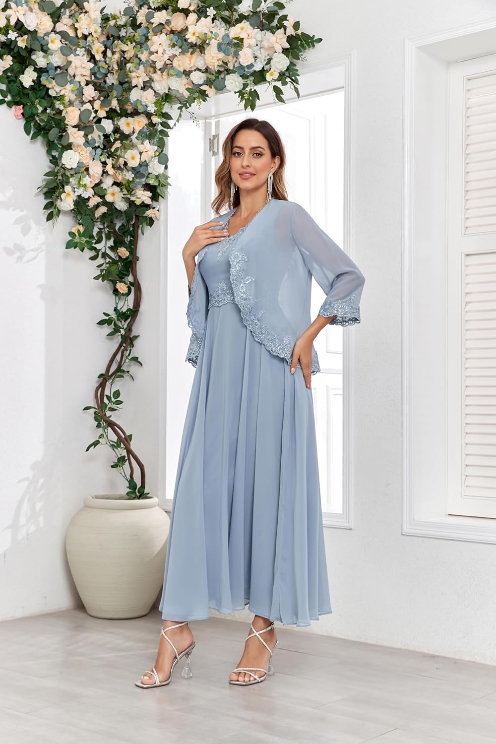 2 Piece Mother of The Bride Dresses with Jacket Sequin Lace Chiffon Formal Evening Dress