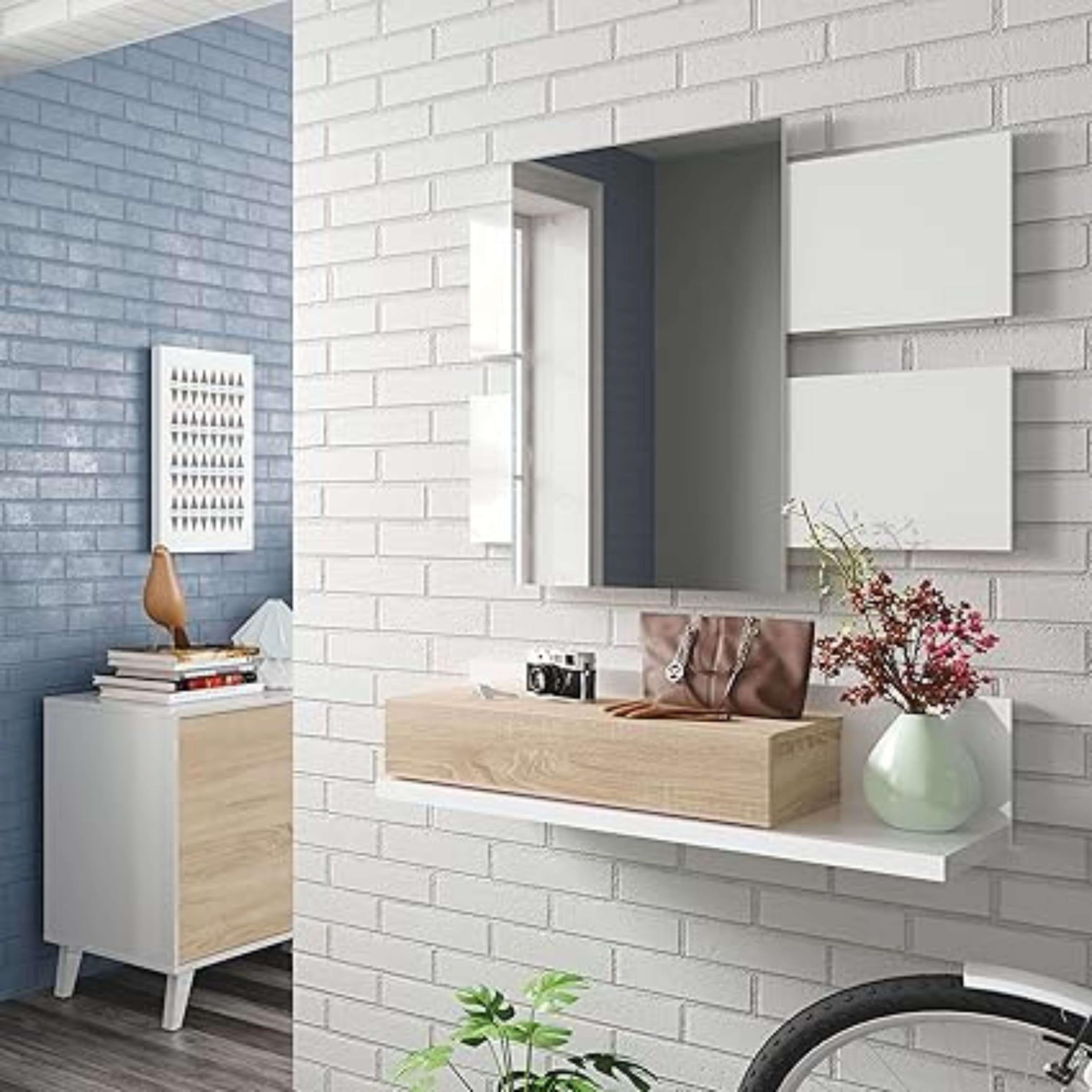 Ingresso con cassetto e specchio, Mobile da Ingresso, Modello Tekkan, Finitura in Bianco Artik e Rovere Canadese, Misure: 75 cm (Larghezza) x 116 cm (Altezza) x 29 cm (Profondità)