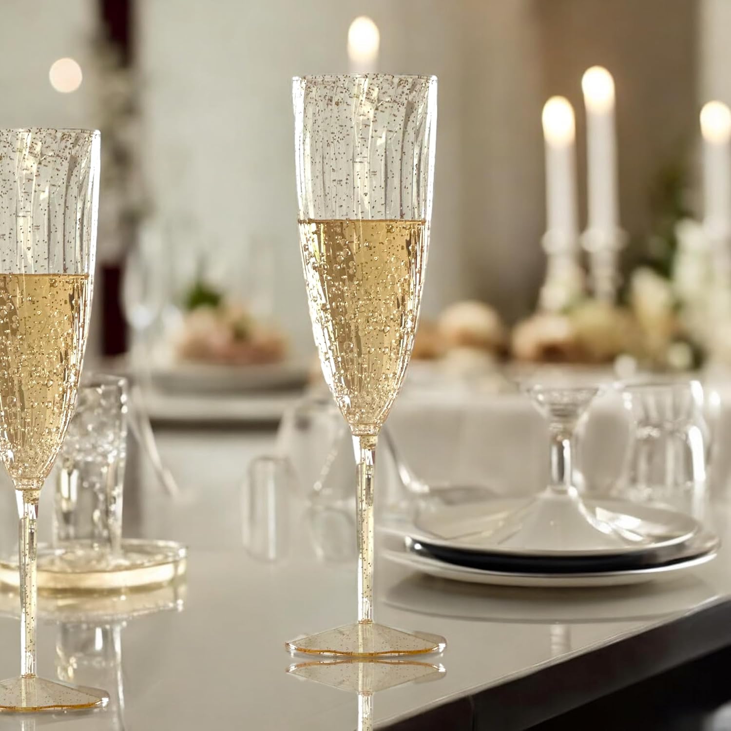 Oojami 24 Plastic Champagne Flutes 6 Oz Gold Glitter Disposable, Hard Clear Toasting Glasses for Wedding Party - BPA-Free - Image 6