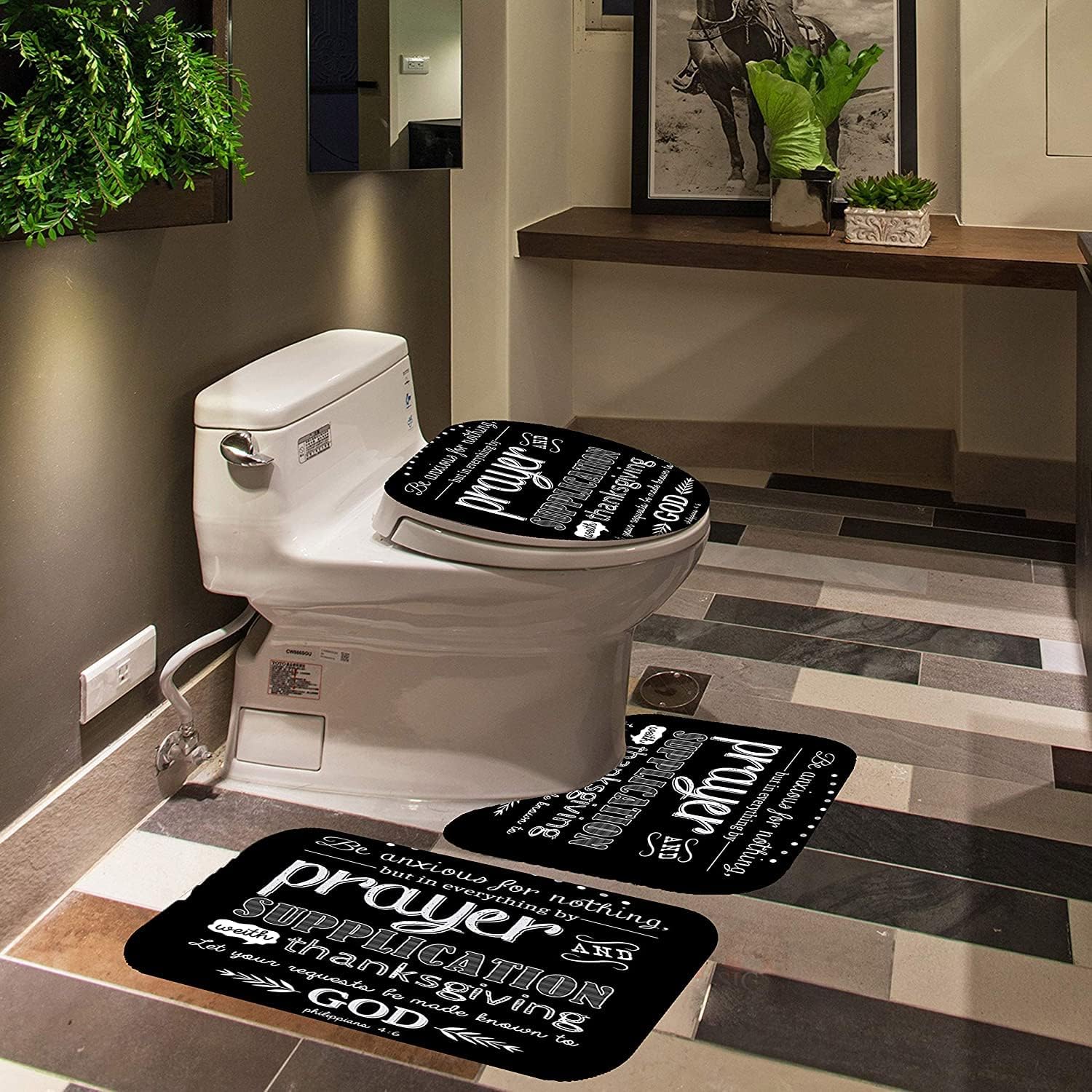 4PCS/Sets Inspirational Quotes Shower Curtains, Black Motivational Art Words for Bathroom Decor, Waterproof Fabric Shower Curtain Non-Slip Rug, Bath Mat Toilet Seat Cover 12 Hooks, 71x71inch