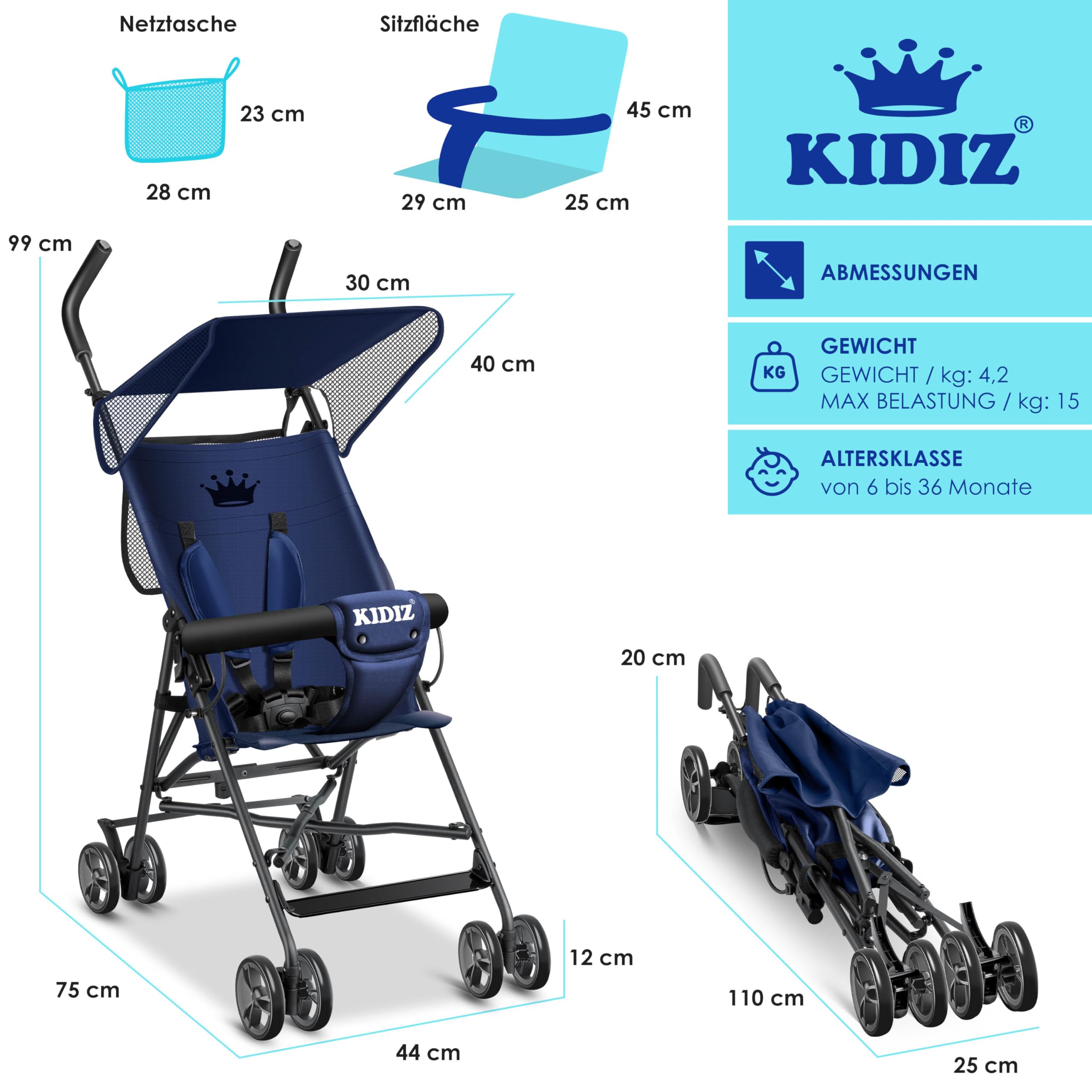 KIDIZ Poussette pliante 360°, roues 4", avec parasol, ceinture de sécurité 5 points de 6 mois, bleu/bleu marine