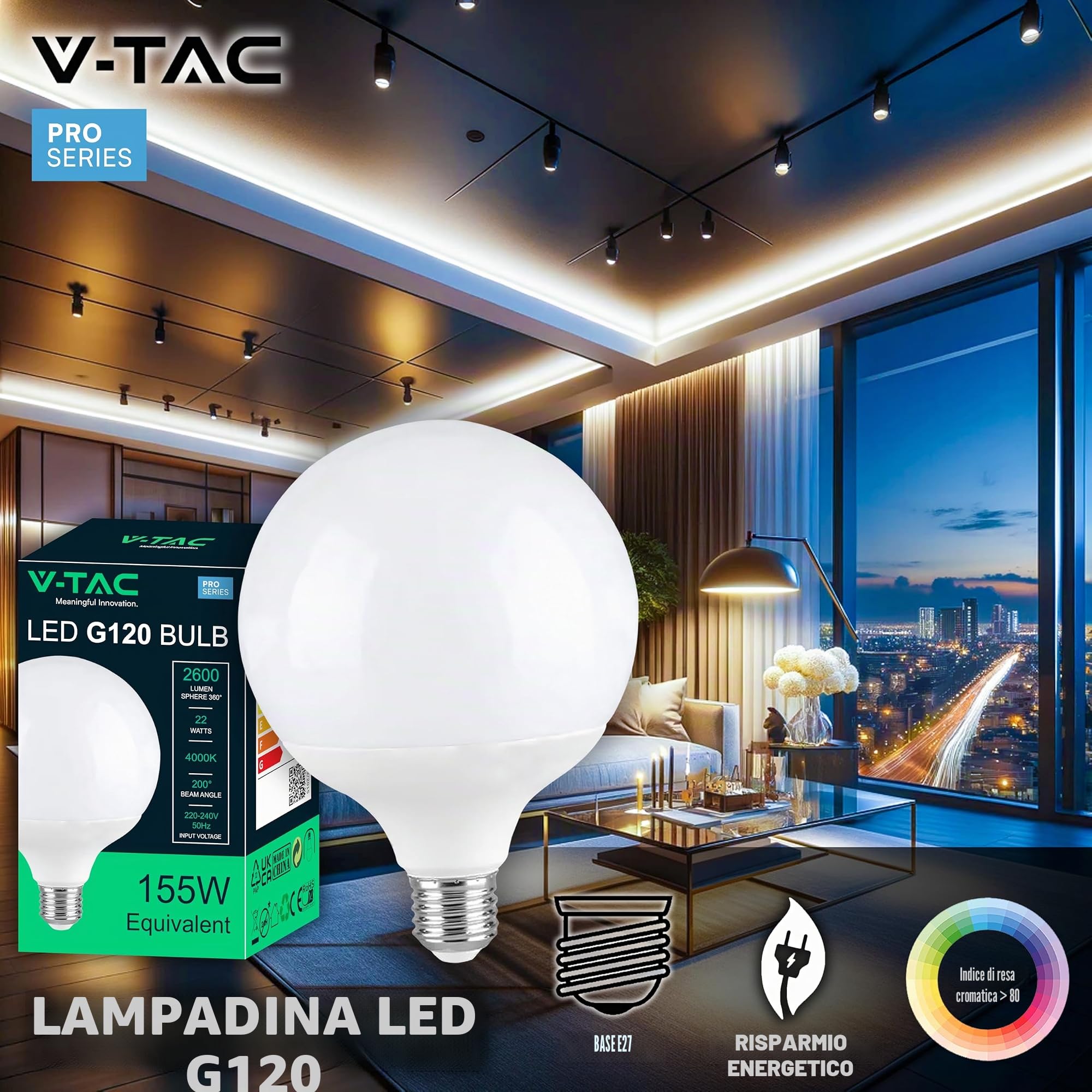 V-TAC Lampadina LED Globo 22W (Equivalenti a 155W) G120 - Attacco E27-2600 Lumen - Lampadina LED Massima Efficienza e Risparmio Energetico - Luce 4000K Bianca Naturale (Confezione da 2)