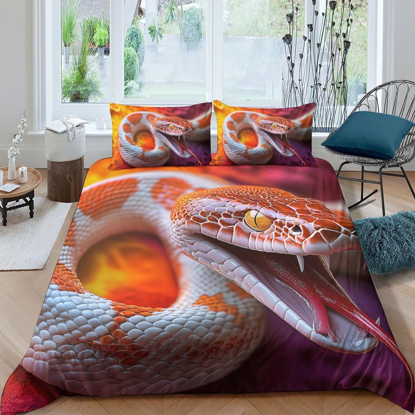 Ctjqhvkz Style-1 3D Printed Orange Snake Fitted Sheet Microfiber Soft Breathable Red Python Mattress Cover For Bedroom Dorm Decor Single（135X200cm）