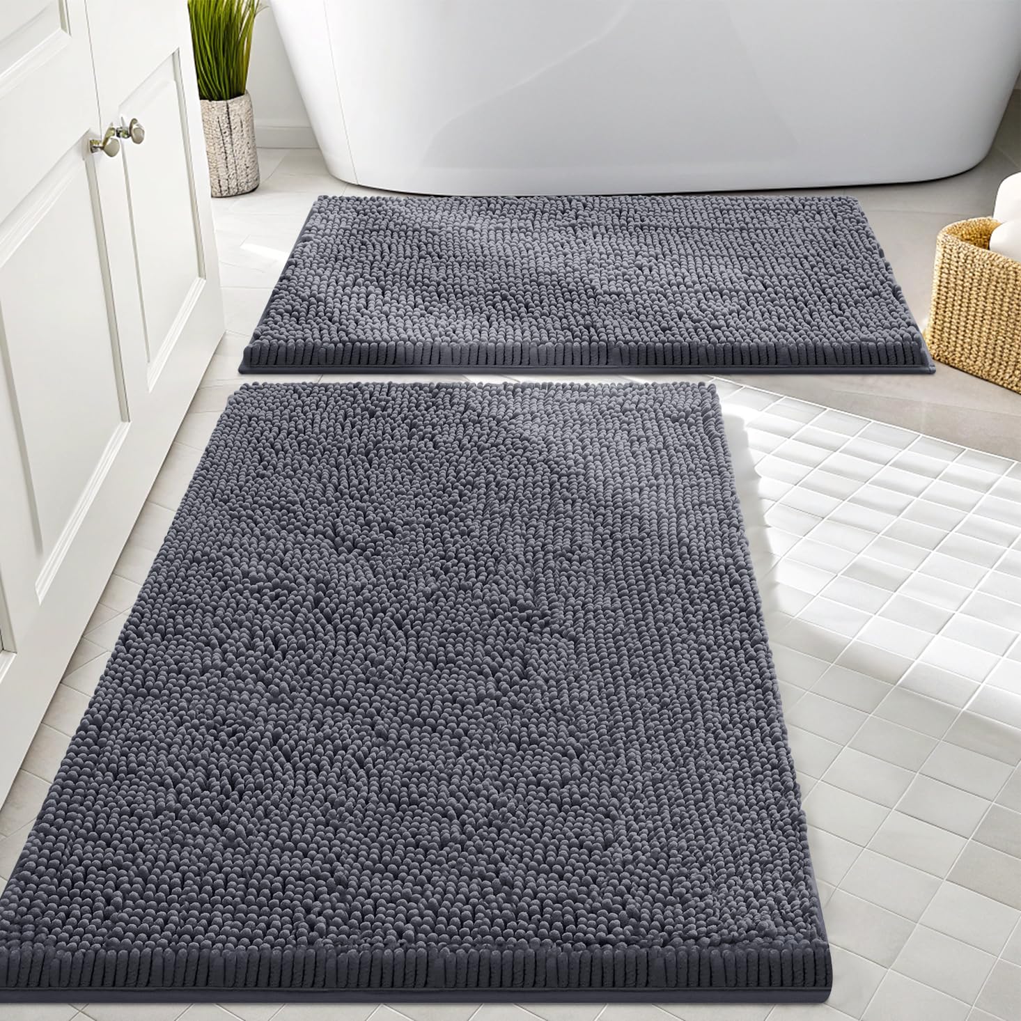 Smiry Chenille Bathroom Rugs Sets 2 Piece (30x20+24x16, Charcoal Grey)