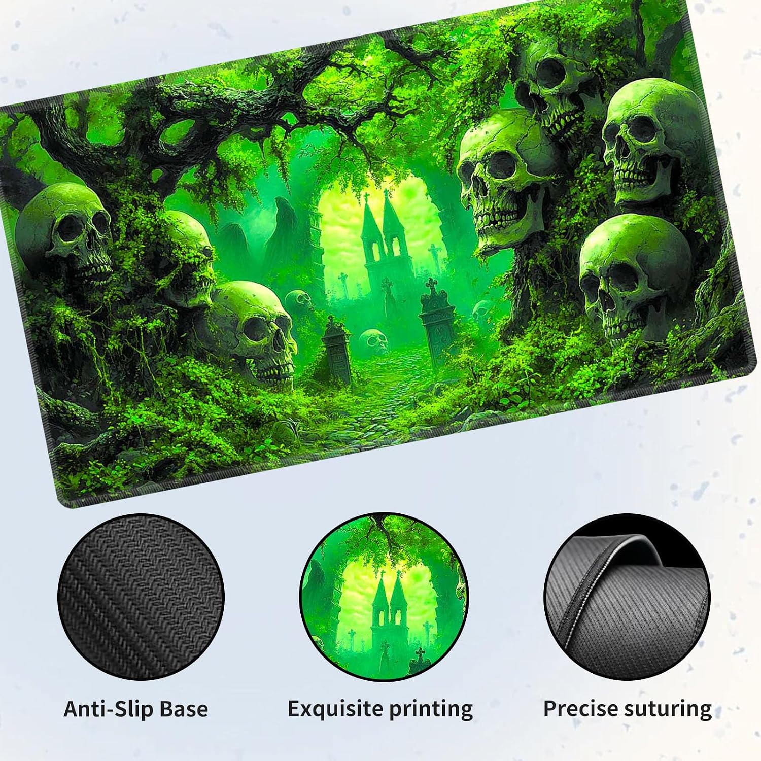 Playmat for MTG & Magic: The Gathering, Green Haunted Cemetery with Skulls 24x14 inch Non-Slip TCG Game Mat for Commander, Card Game Table Mat