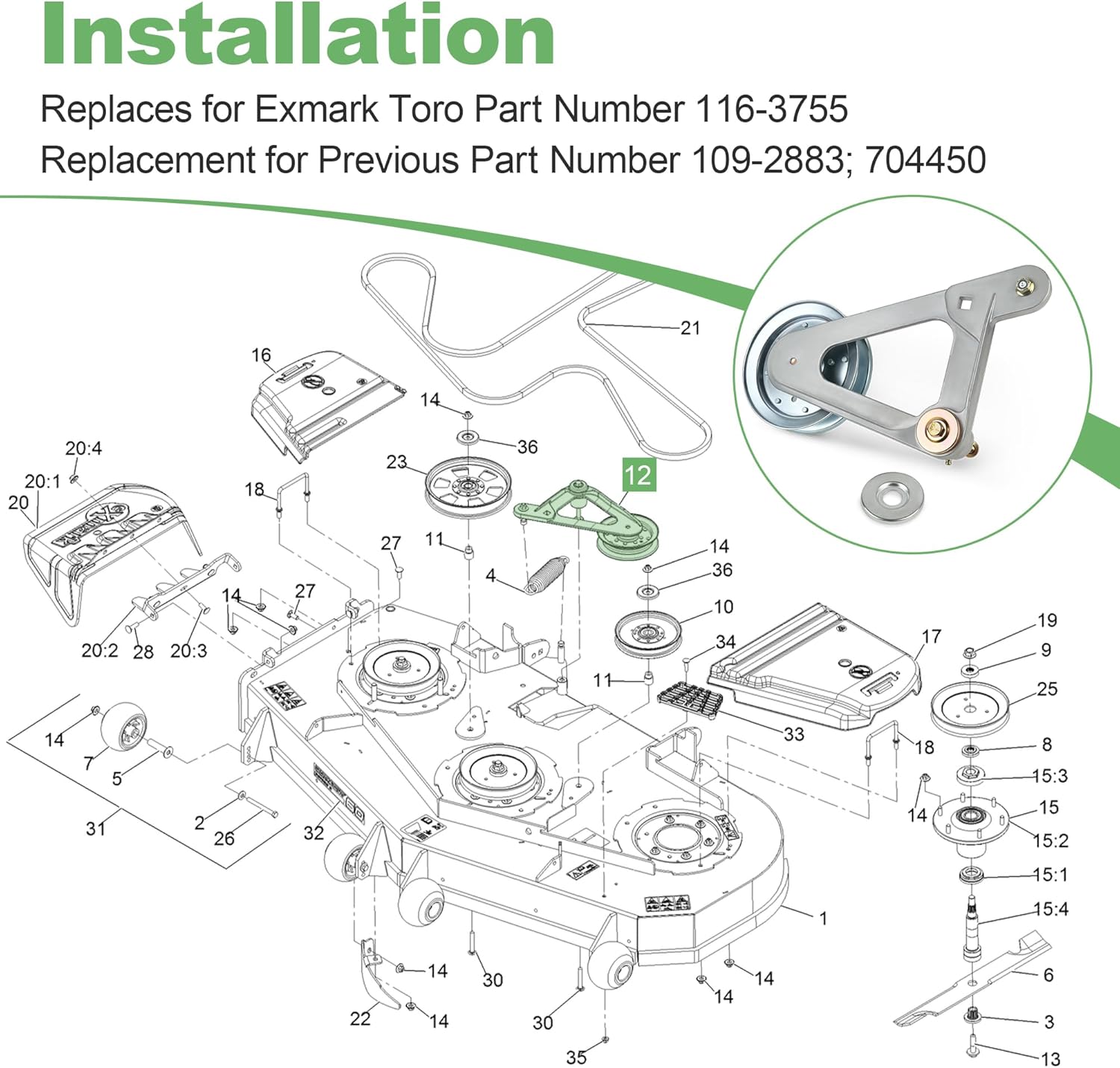 116-3755 Deck Idler Compatible with Exmark E-Series Lazer Z, Lazer Z, Lazer Z AS, Lazer Z Z-Series, S-Series Lazer Z, X-Series Lazer Z, Z-Series Lazer Z 109-2883