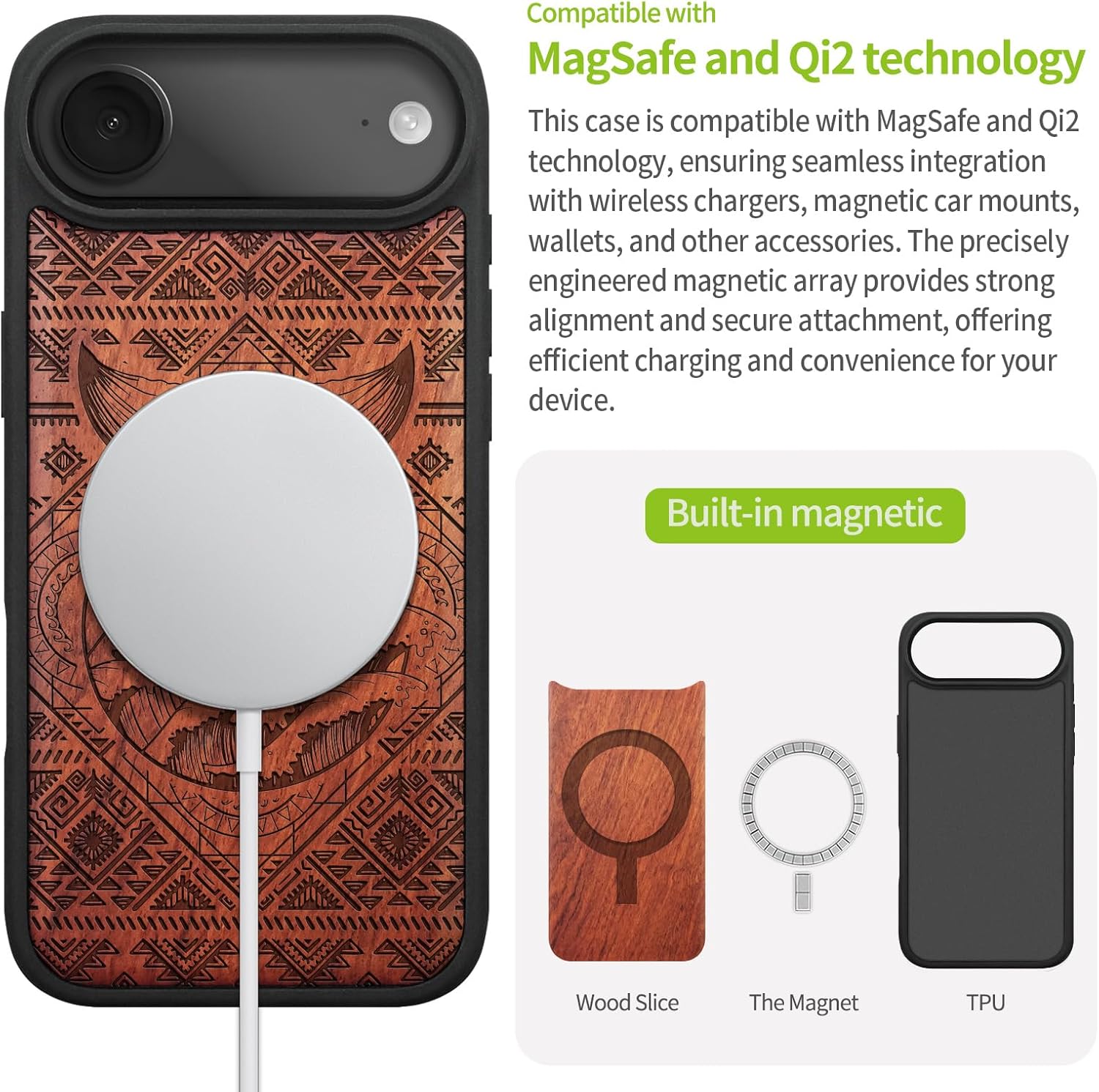 Carveit Magnetic Wooden Case for iPhone Air Case, Wood Artisan Engraved & Soft TPU Shockproof Cover, Compatible with MagSafe 17 Air Wireless Chargers (Whale Tail in The Waves) Rosy