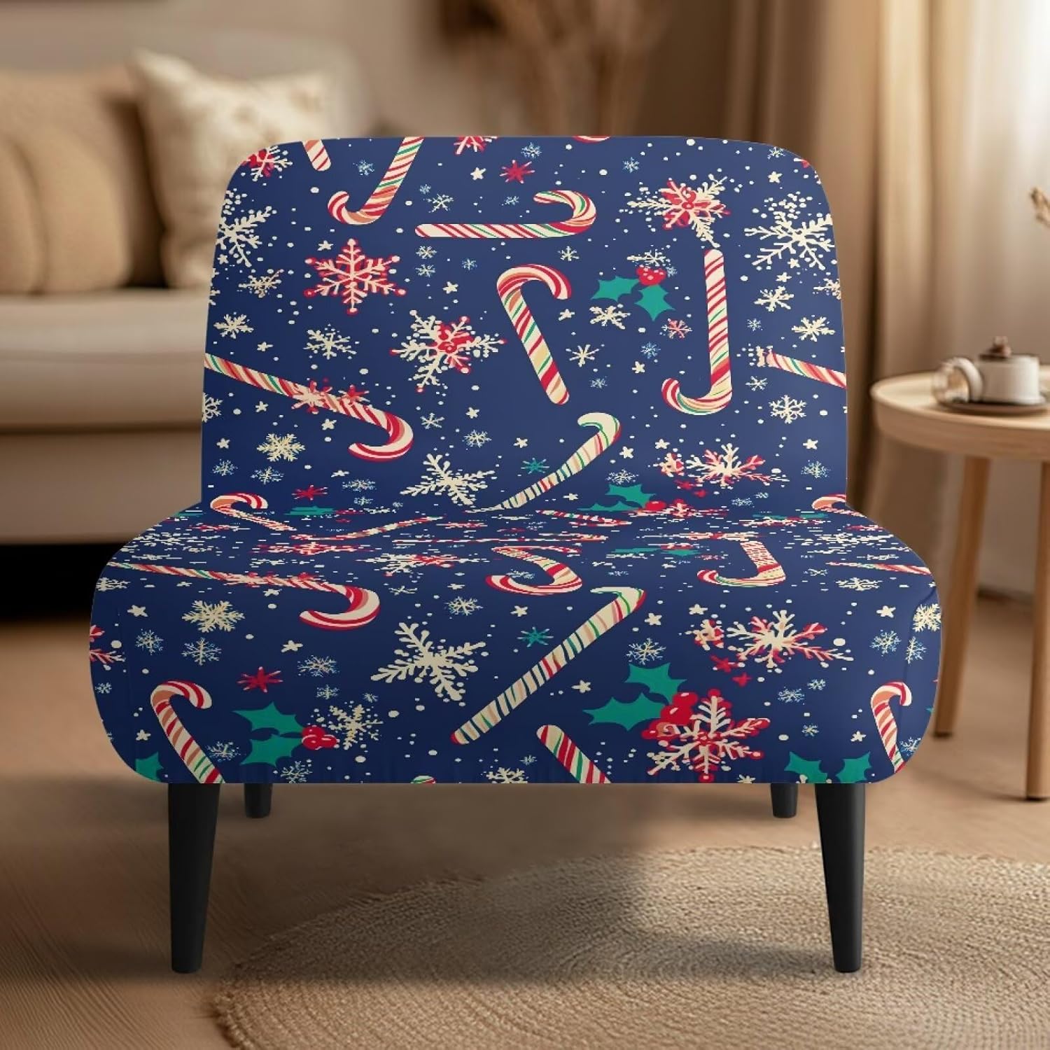 Blue Christmas Accent Chair Covers Without Arms Candy Thick Armless Recliner Chair Sofa Cover Stretchable Removable Armless Chair Slipcover for Living Room Hotel Home Decorations