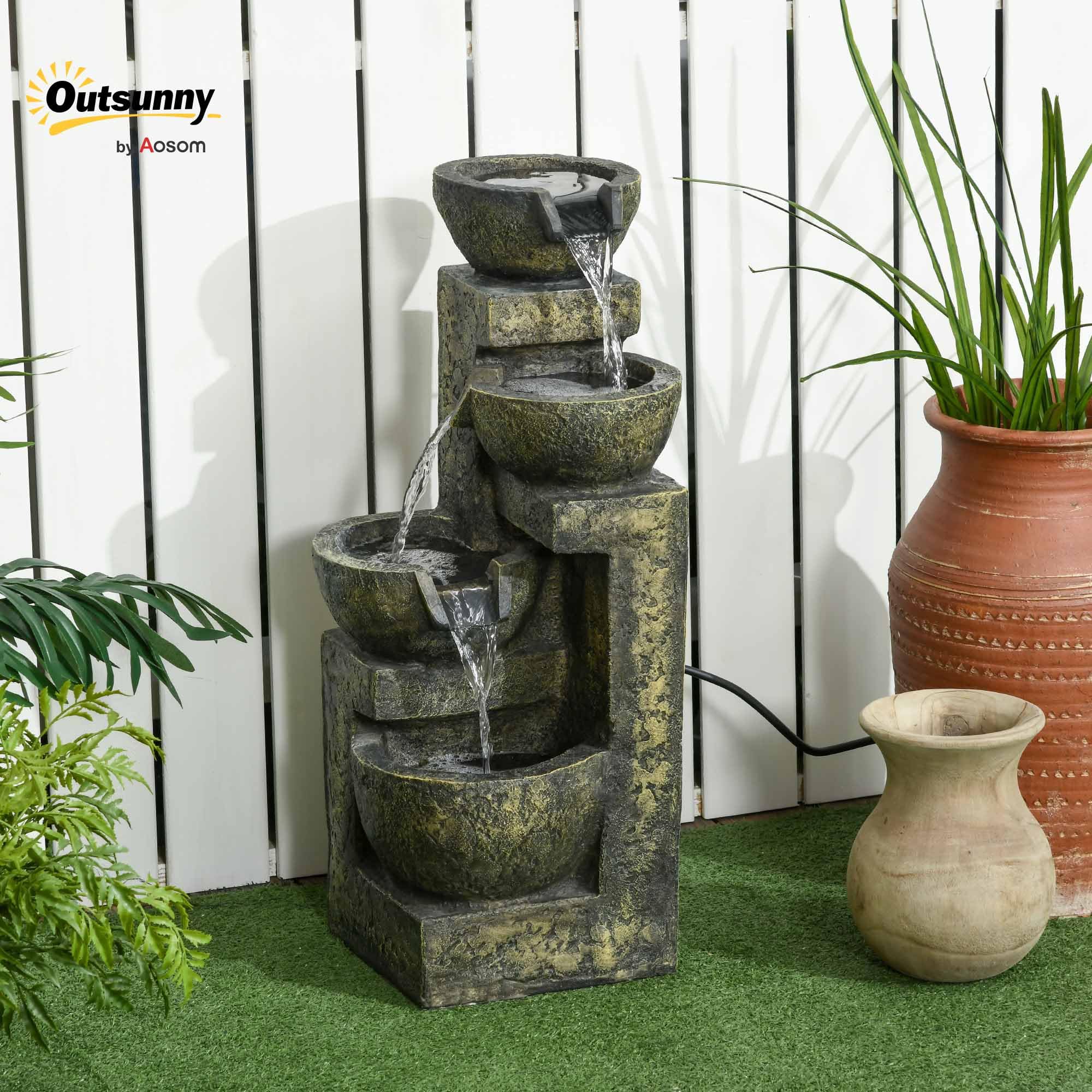 Outsunny Zen ozdobna fontanna ogrodowa 4 miski regulowany przepływ Zatapialna pompa wodna w zestawie 25 l x 24 l x 60H cm żywica czarna