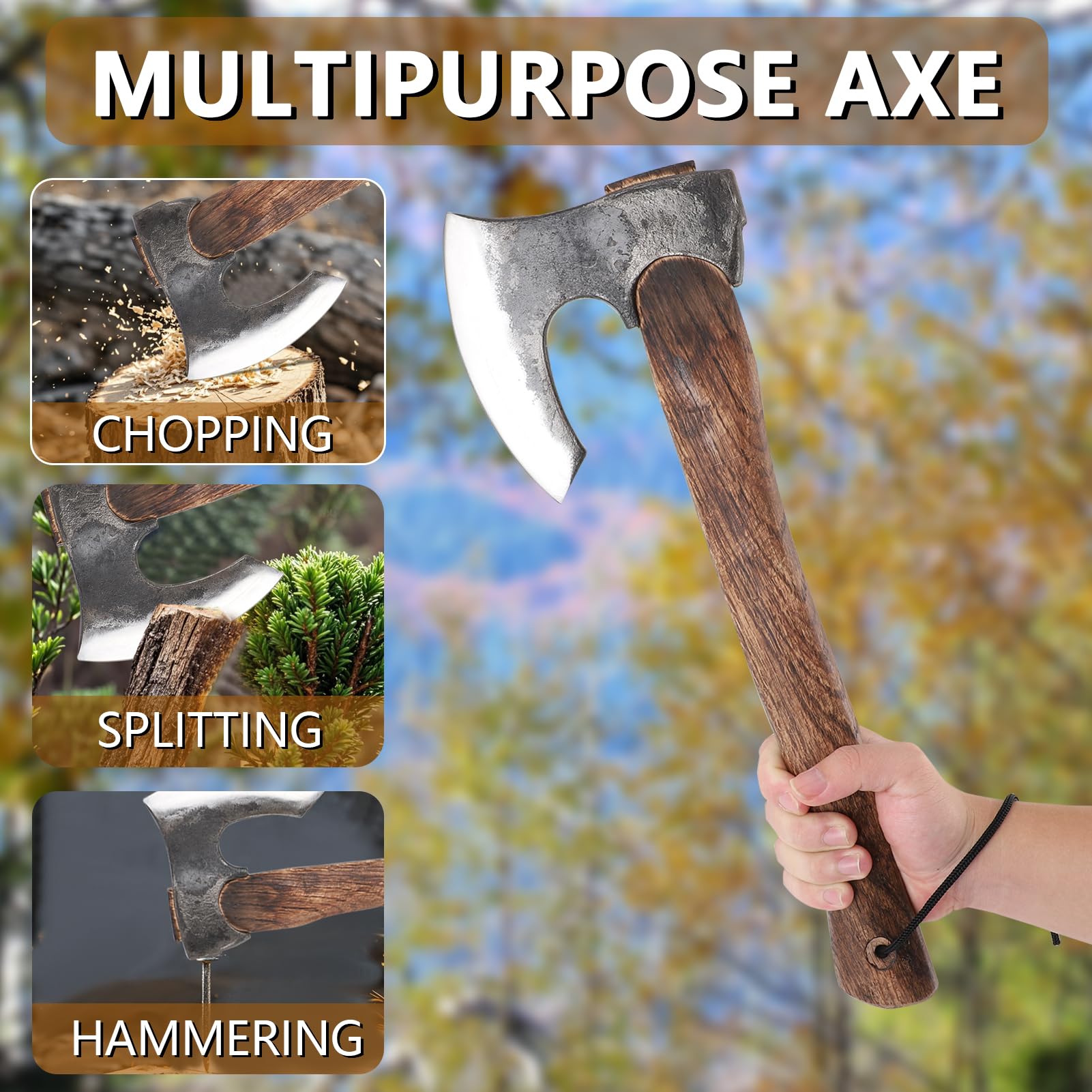 Wikinger-Axt, handgefertigt, Jagd, Camping Hachet, Outdoor-Beil, nordische Camping-Überlebensaxt,Bushcraft Beil für Outdoor-Abenteuer 1095 Kohlenstoffstahl, Palisandergriff, Weihnachtsgeschenkidee