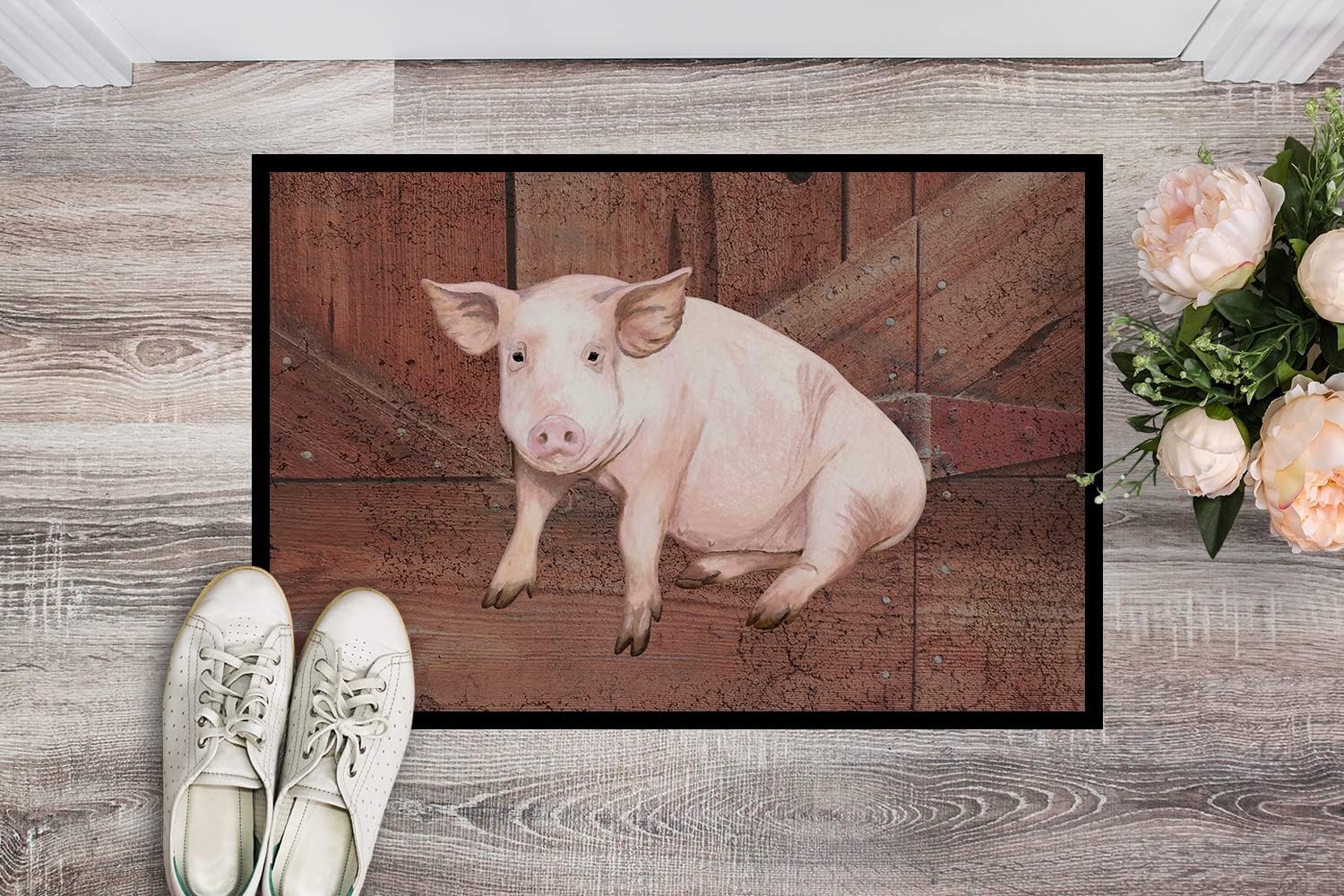 Caroline's Treasures SB3072MAT Pig at The barn Door Doormat 18x27 Front Door Mat Indoor Outdoor Rugs for Entryway, Non Slip Washable Low Pile, 18H X 27W