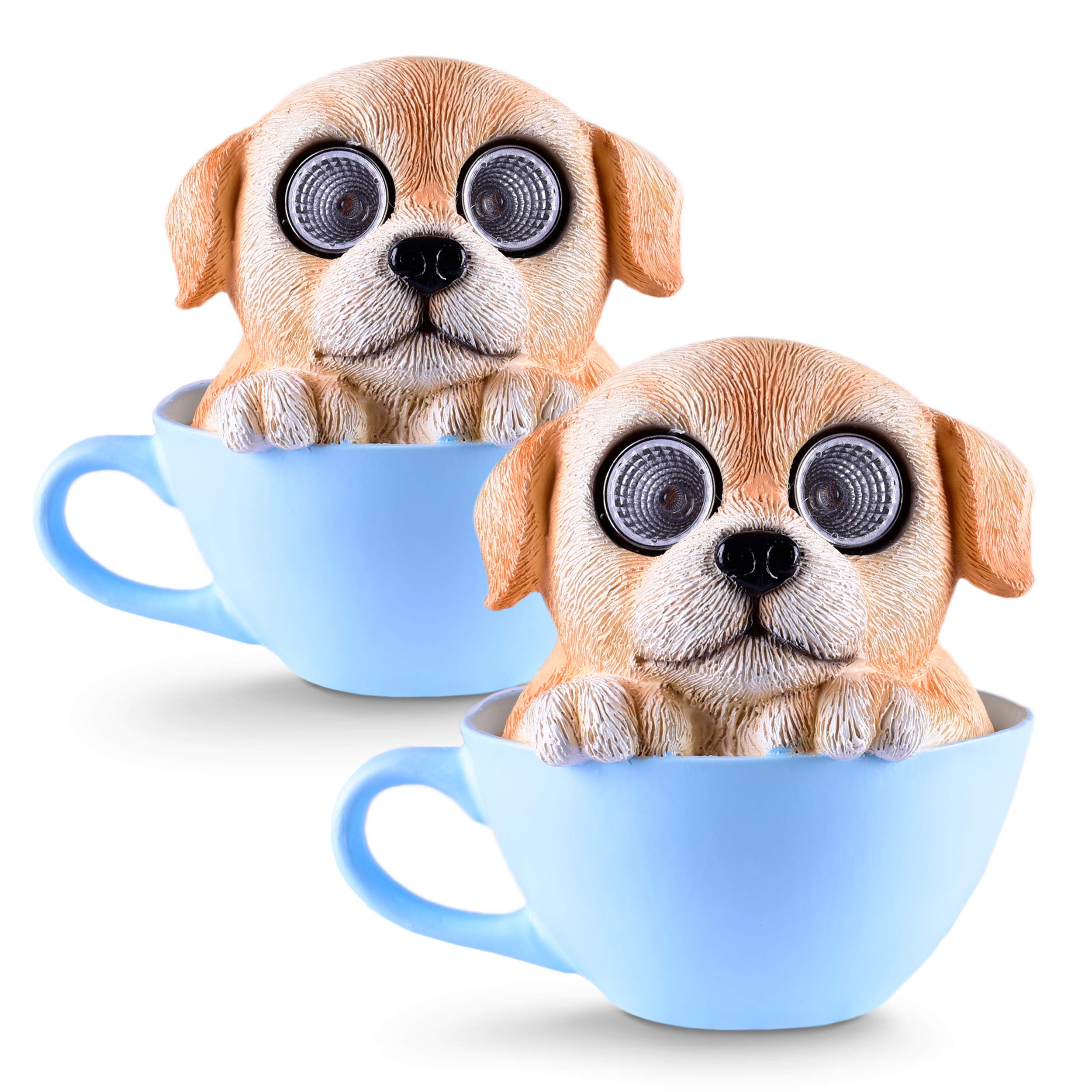 Dog in Cup Solar Garden Decorations Figurine | Outdoor LED Decor Figure | Light Up Decorative Statue Accents for Yard, Patio, Lawn, or Deck | Great Housewarming Gift Idea (Light Brown, 2 Pack)