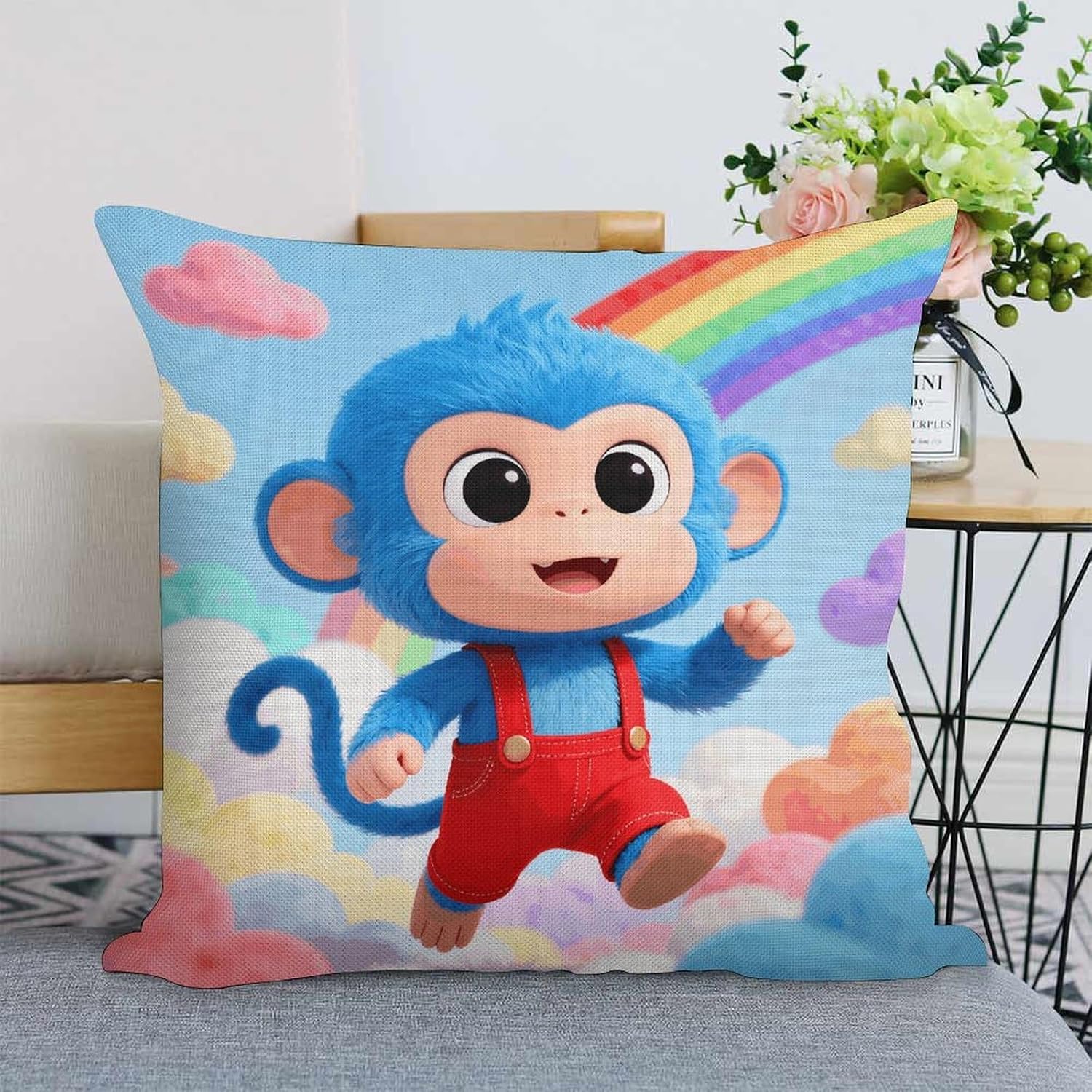 Blue Monkey Pillow Protectors Cute Waterproof Pillow Cover Soft Skin-Friendly Cushion Case Decorative Square Cushion Cover For Couch Sofa Bed Living Room Bedroom