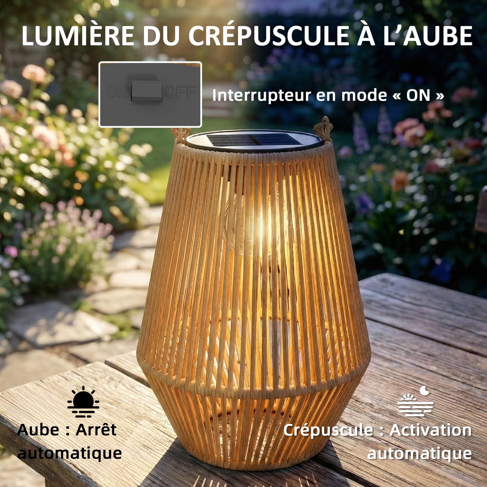 Outsunny Lot de 2 Lanternes Solaires Suspendues Extérieur, Lampes de Jardin en Résine Tressée avec Allumage Automatique, Poignée, IP44, pour Terrasse, Chemin, Marron