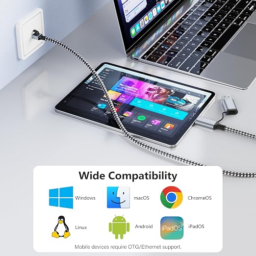 Cable Ethernet USB-C/USB-A 6 ft con adaptador integrado miniatura 8