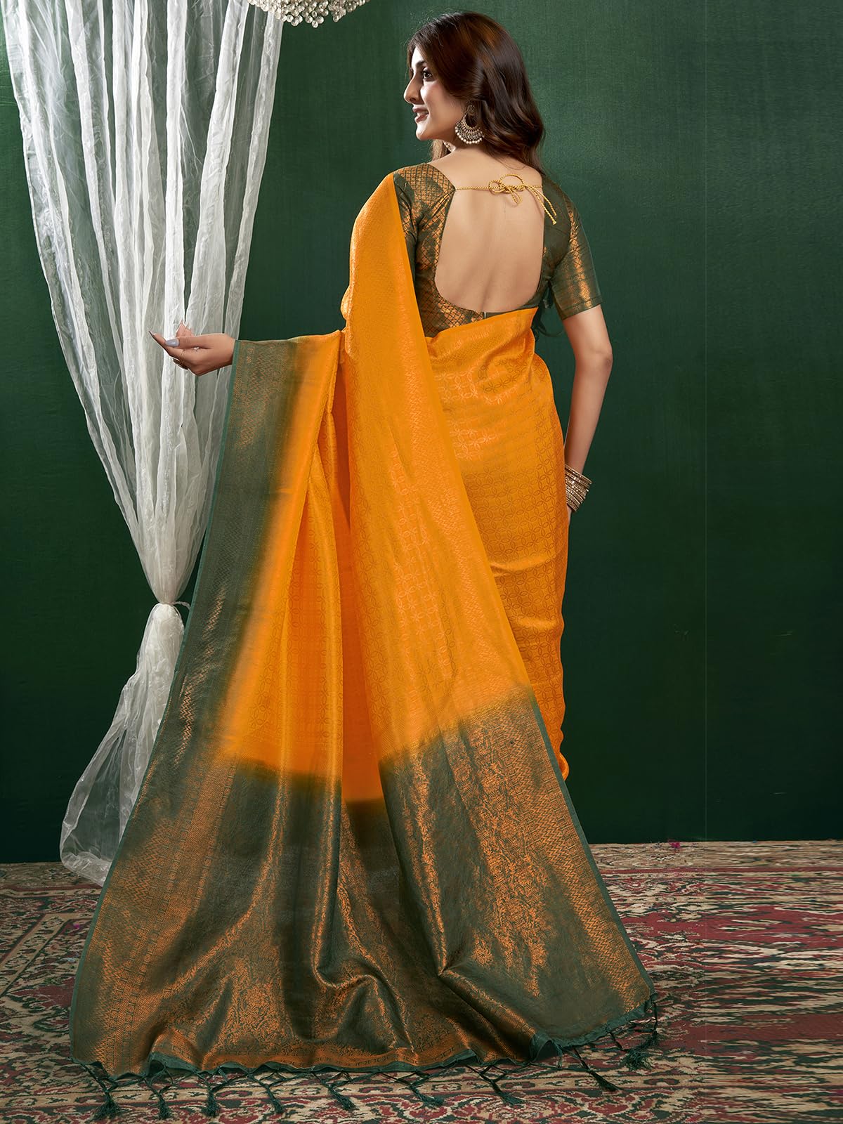 Satrani Women's Silk Blend Banarasi Jacquard Saree With Unstitched Blouse Piece (3819S401N_Turmeric Yellow & Dark Green)