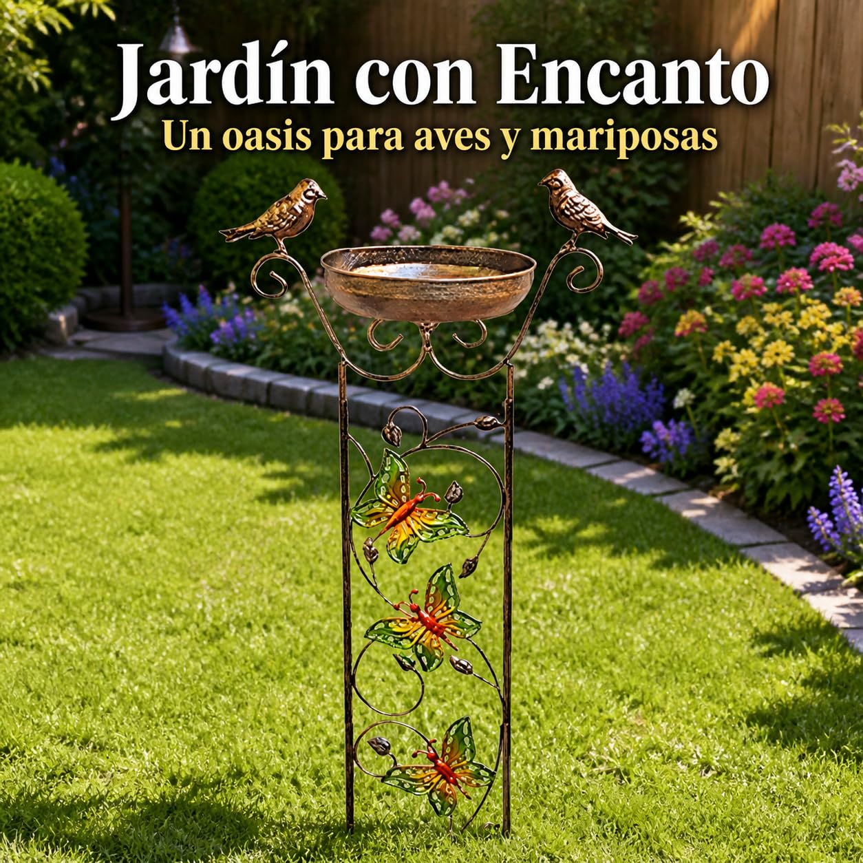 Comedero pájaros Exterior rústico, baño pájaros Metal, Soporte Hierro jardín, decoración terraza, Butterfly