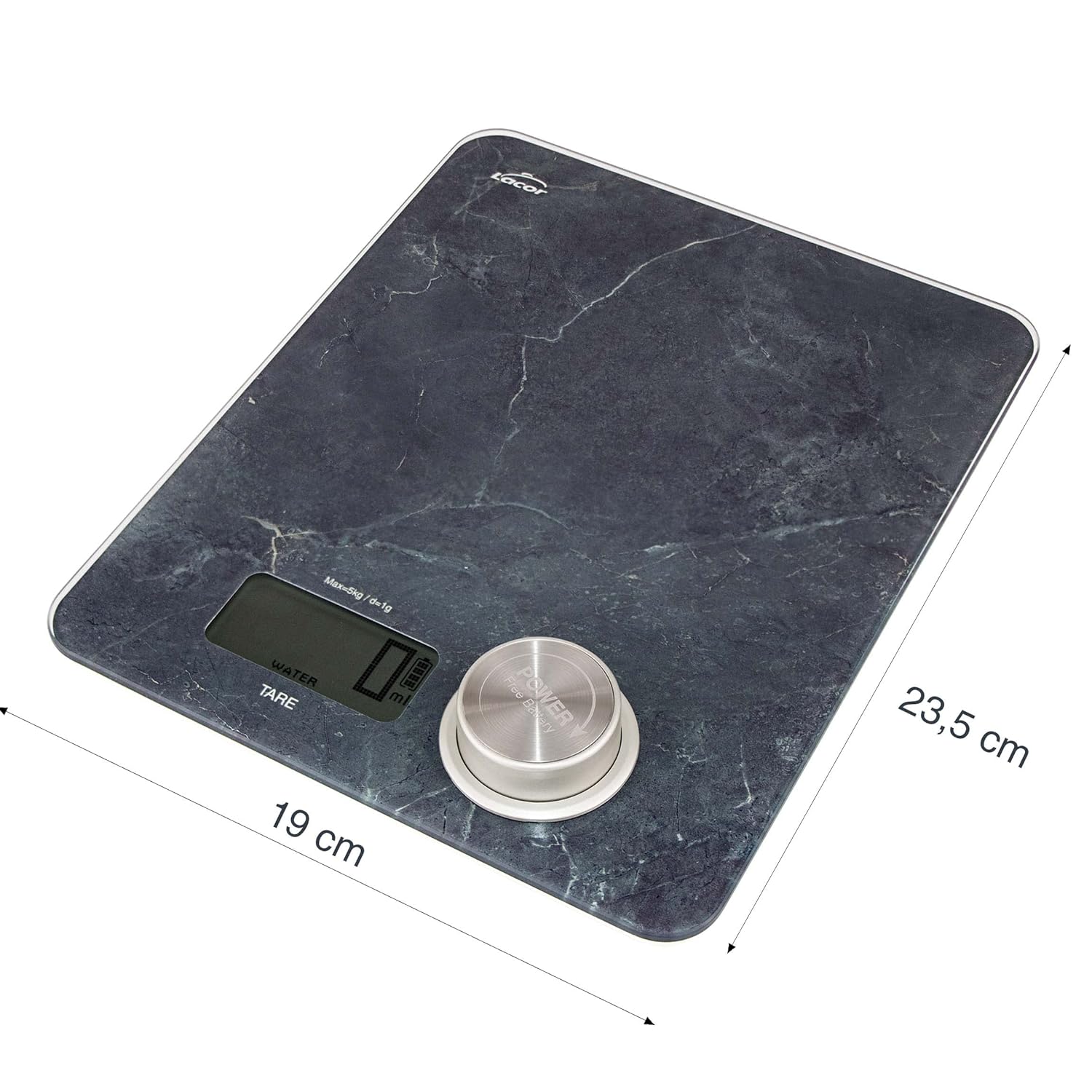 Lacor - 61720 - Kitchen Scales Eco Marble Effect, Without Batteries or Batteries, EcoMove System, 4 mm Extra Flat Tempered Glass, LCD, Tare Function, 19 x 23.5 x 3.5 cm