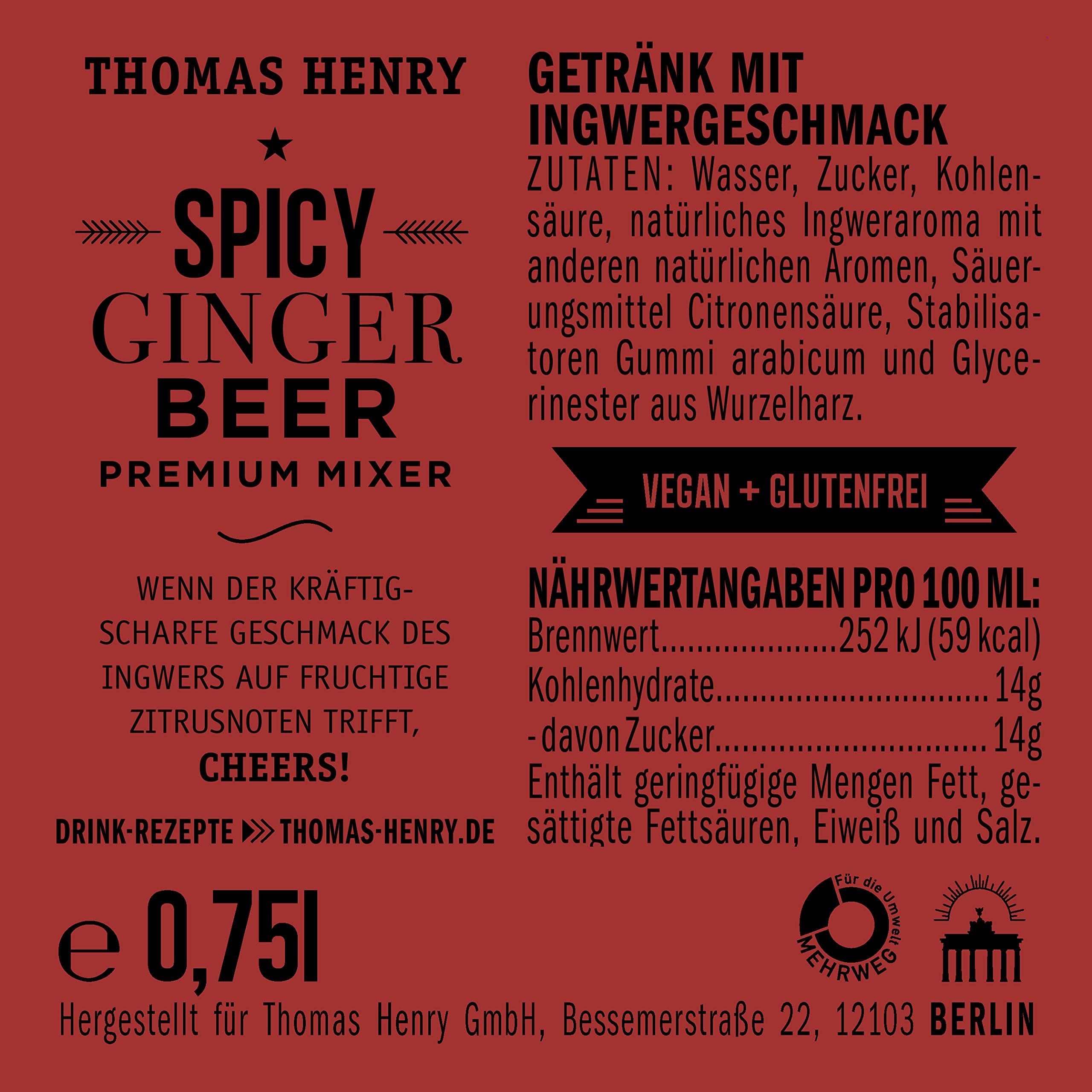 Thomas Henry Spicy Ginger Beer – sorprendentemente afilado – (3 x 0,75 l de cristal MW) – Juego de 3 limonadas de jengibre para mezclar tus bebidas y cócteles como Moscow Mule con Vodka & Co.