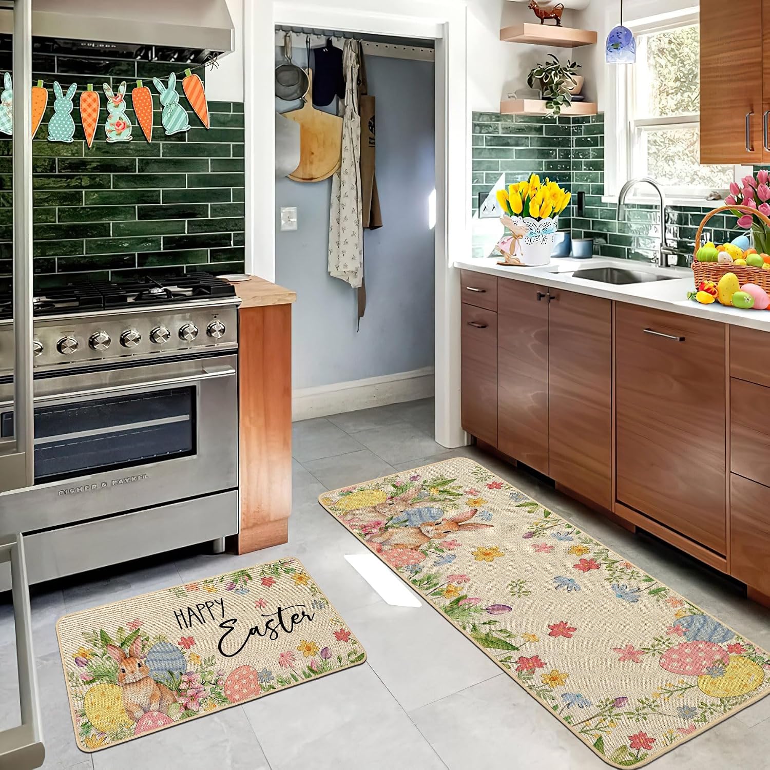 Baccessor Happy Easter Kitchen Rugs Set of 2, Bunny Rabbits Colorful Eggs Flowers Kitchen Mats for Floor Low-Profile Easter Holiday Party Home Decoration 17x29 and 17x47 Inch