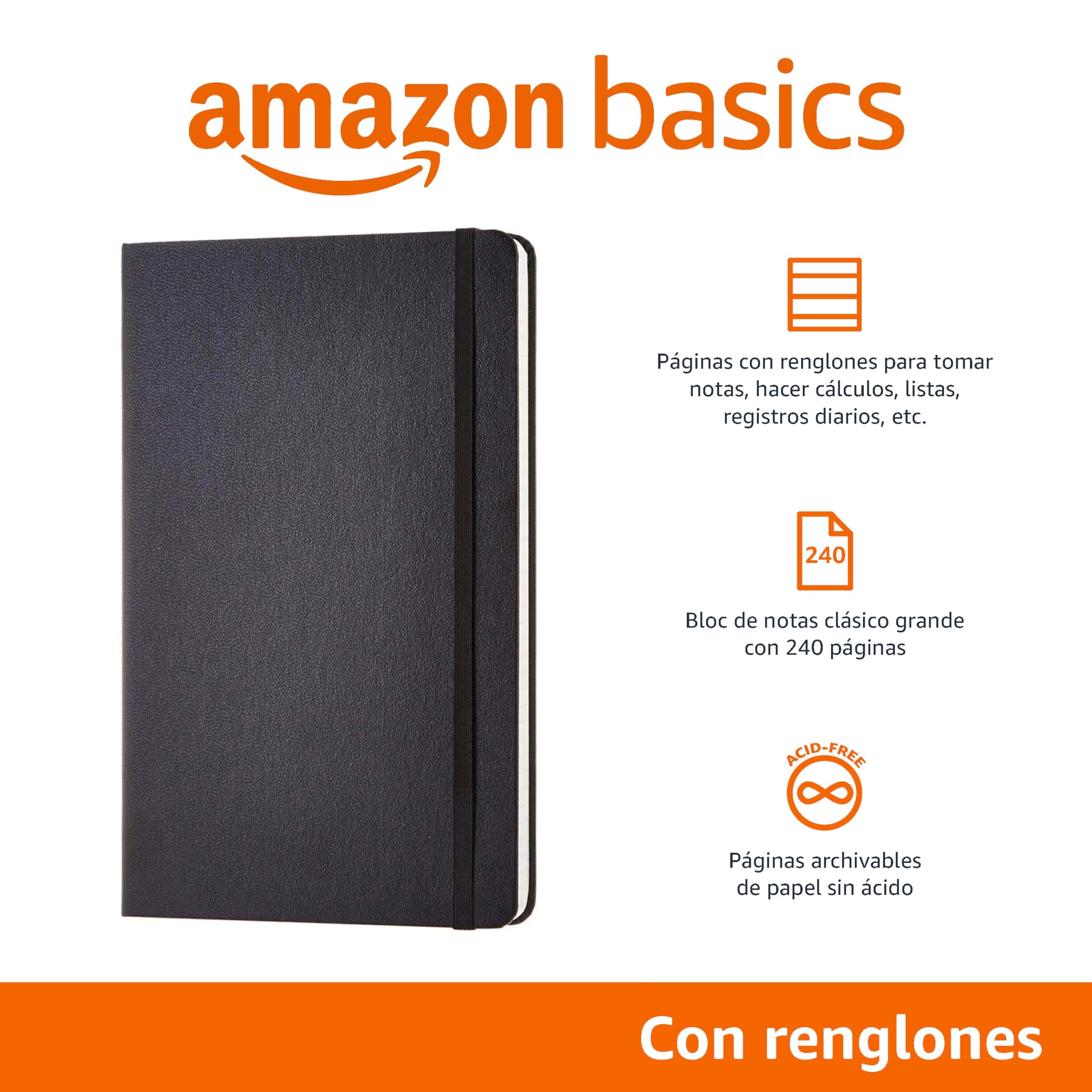 Amazon Basics Cuaderno clásico, A5, liso, Grande, negro