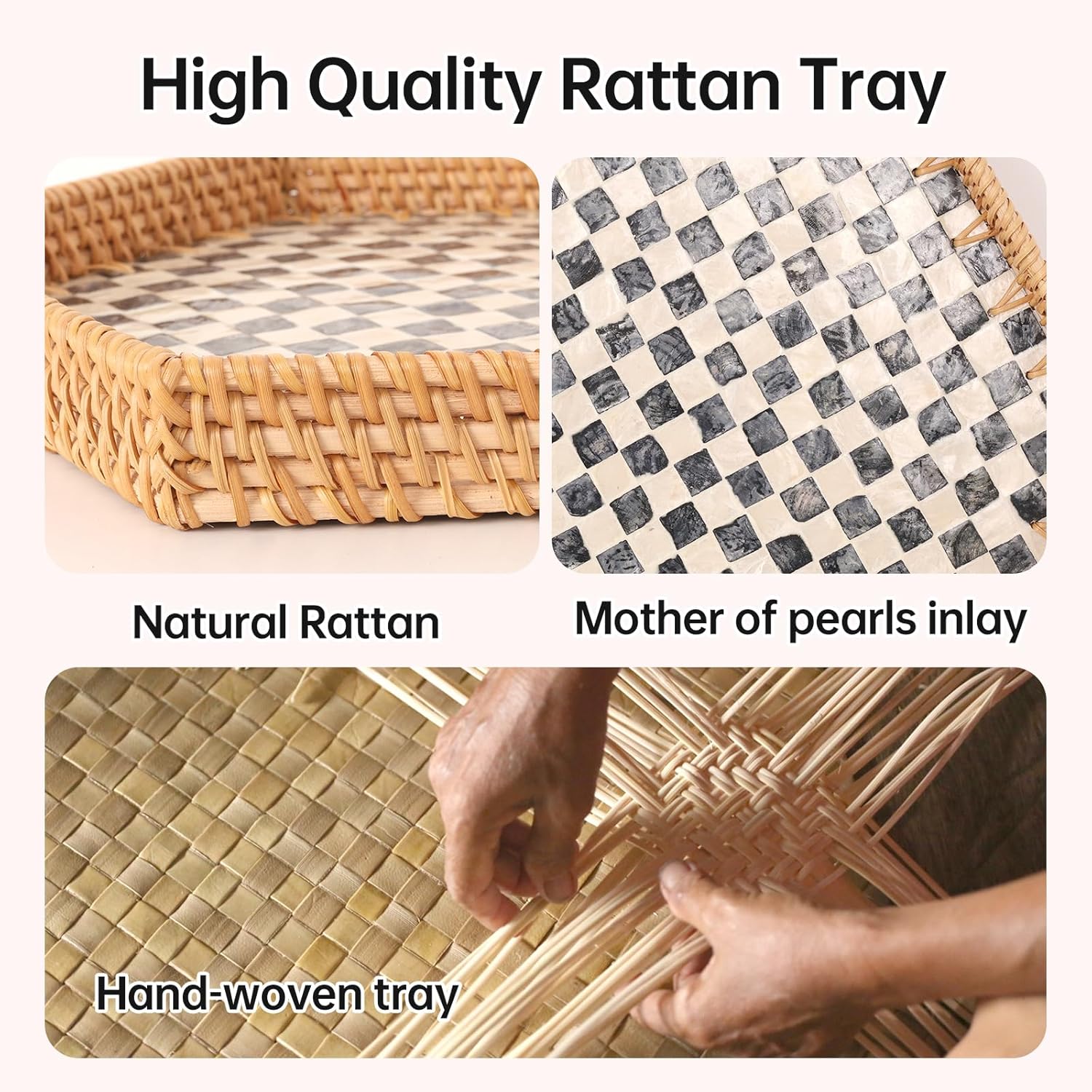 Hexagon Rattan Tray with Mother of Pearl Inlay, Rattan Serving Tray for Coffee, Bread, Fruits, Snacks, Decorative Wicker Tray for Table Decor, Home Decor (Black Checker, 14.5"×12.8") - Image 5