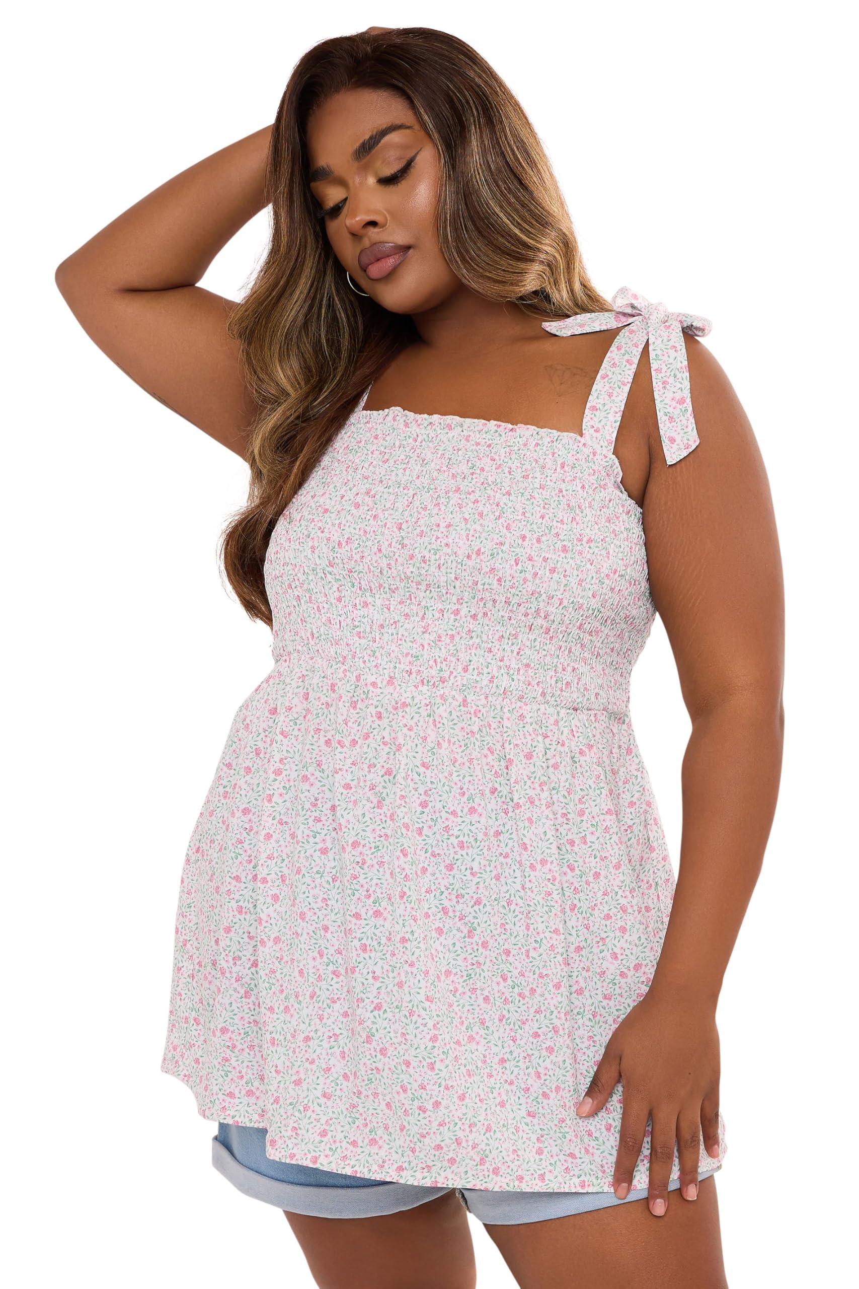 Yours Curve Floral Shirred Tie Sleeve Cami Top - Women's - Plus Size Curve