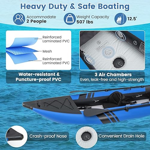Vista 23 de S AFSTAR Kayak inflable, canoa para 2 personas con capacidad de 507 libras, suelo de puntadas, todos los accesorios y bolsa de transporte, kayak
