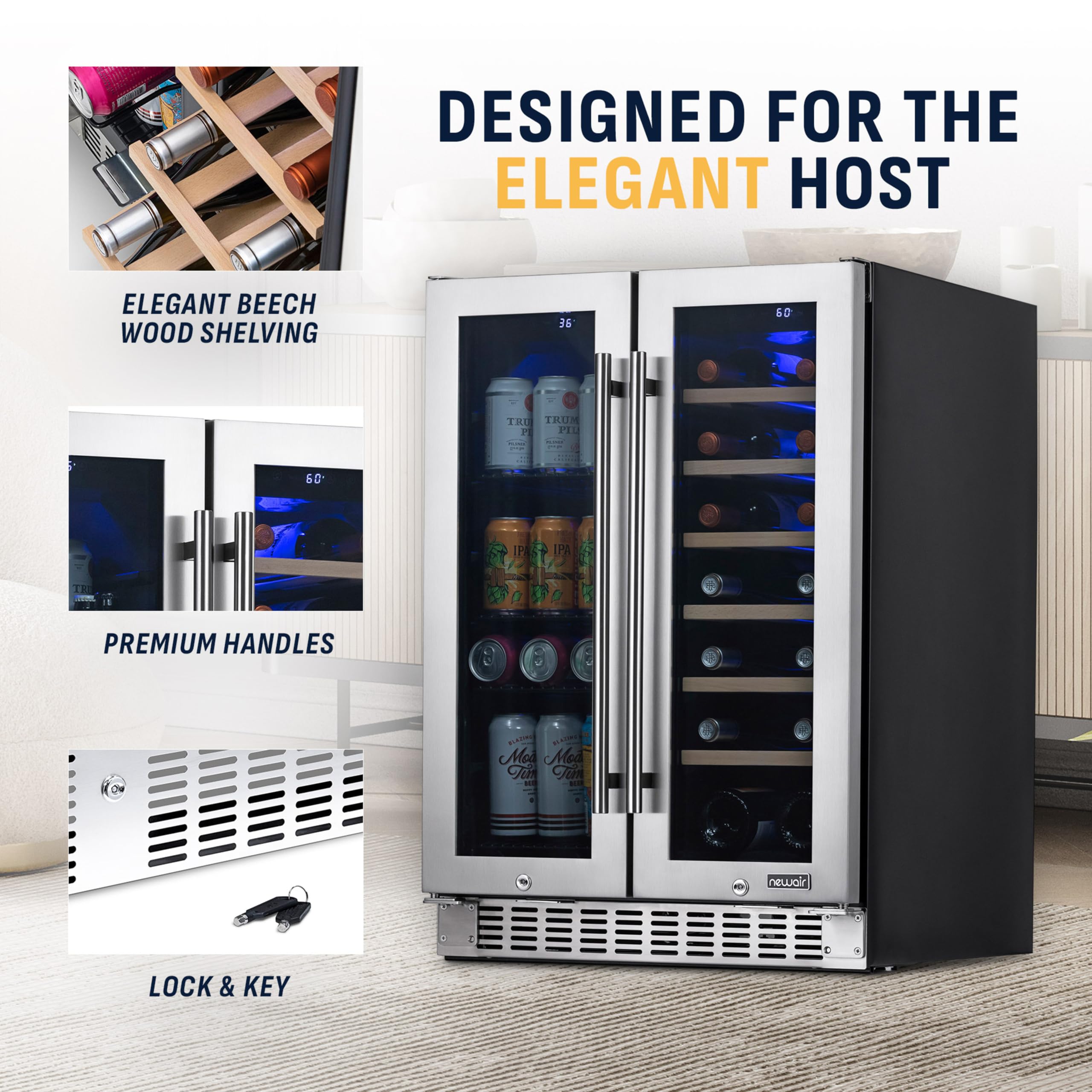 NewAir 24" Dual Zone Beverage Refrigerator & Wine Cooler For 18 Bottles & 60 Cans | Freestanding Or Built-In Under Counter Mini Fridge For Beer, Wine And Soda | Stainless Steel on Fridge.com - View 2