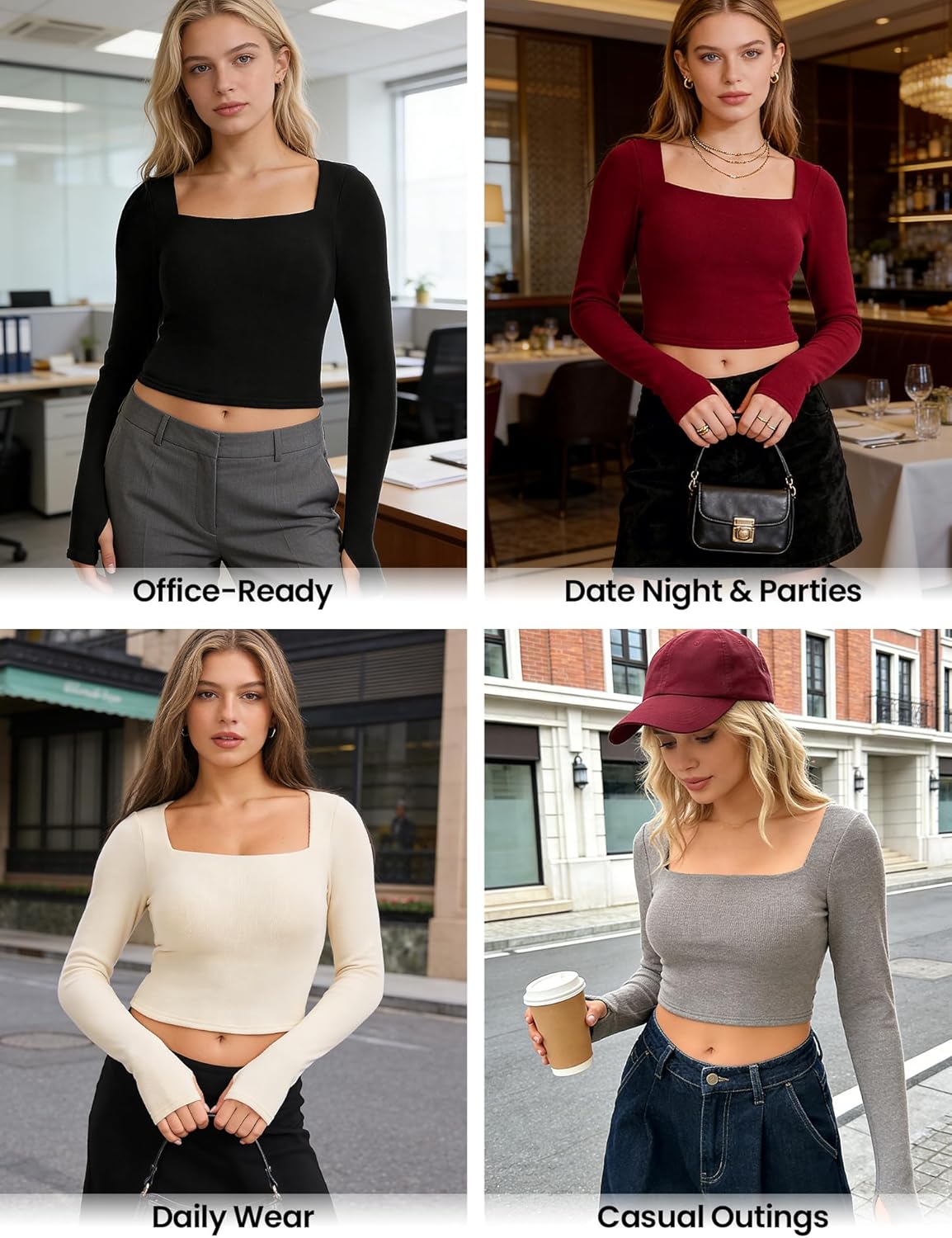 ZeroBound Womens Long Sleeve Square Neck Shirts Built in Bra Thermal Crop Top Ribbed Knit Warm Base Layer Outfits