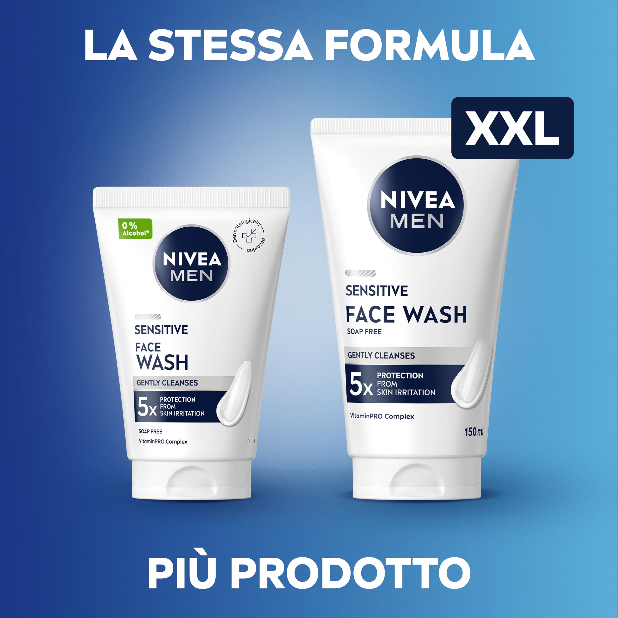 NIVEA MEN Sensitive Gel Detergente Viso XXL 150 ml, Detergente viso uomo in maxi formato per 5x protezione dalle irritazioni, Skincare uomo con Complesso VitaminPRO idratante per pelli sensibili