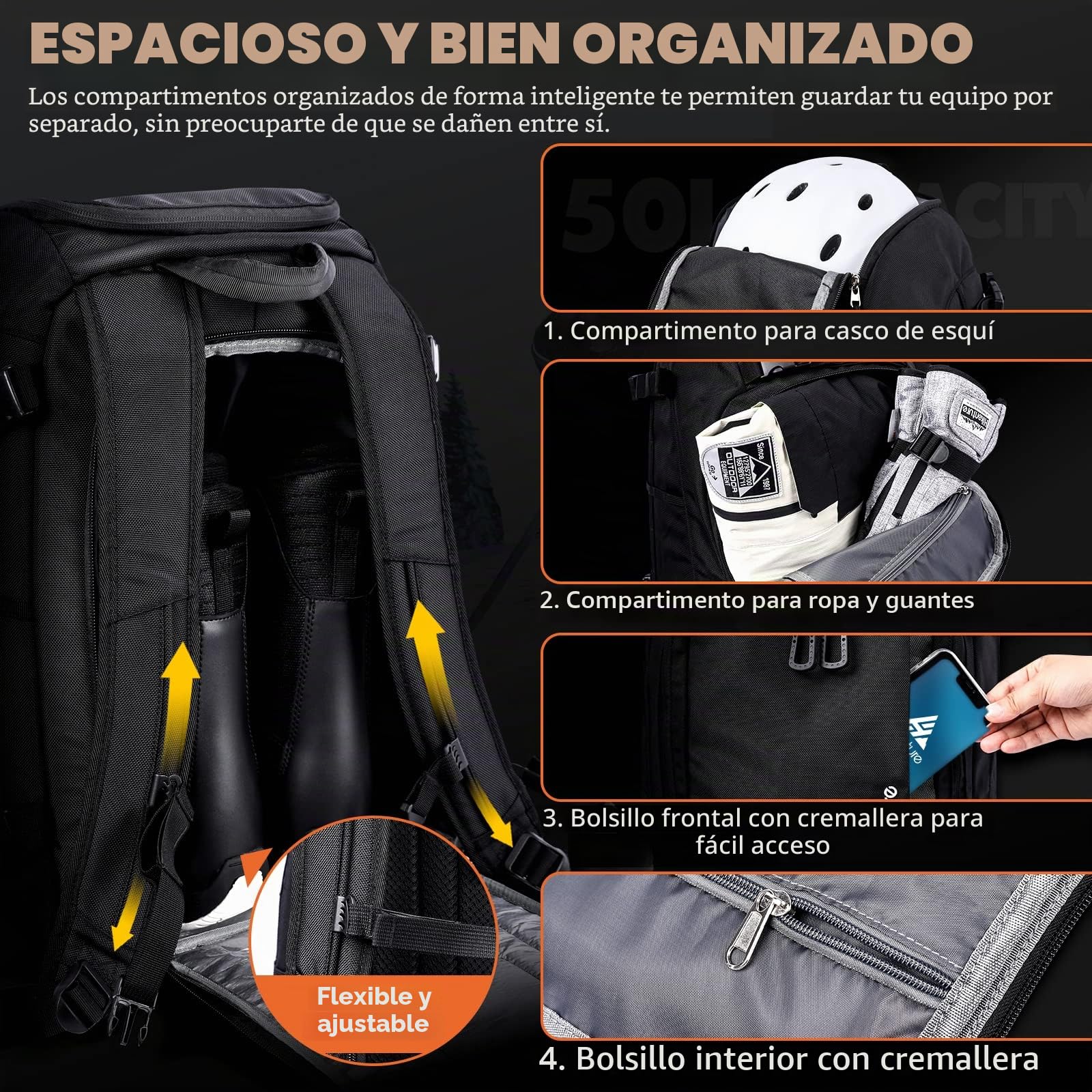 HIKENTURE Bolsa para botas de esquí, mochila con compartimento para casco, 50 l, mochila de esquí con bolsa para casco de esquí, bolsa de esquí para botas de esquí, patines, gafas de esquí, snowboard,