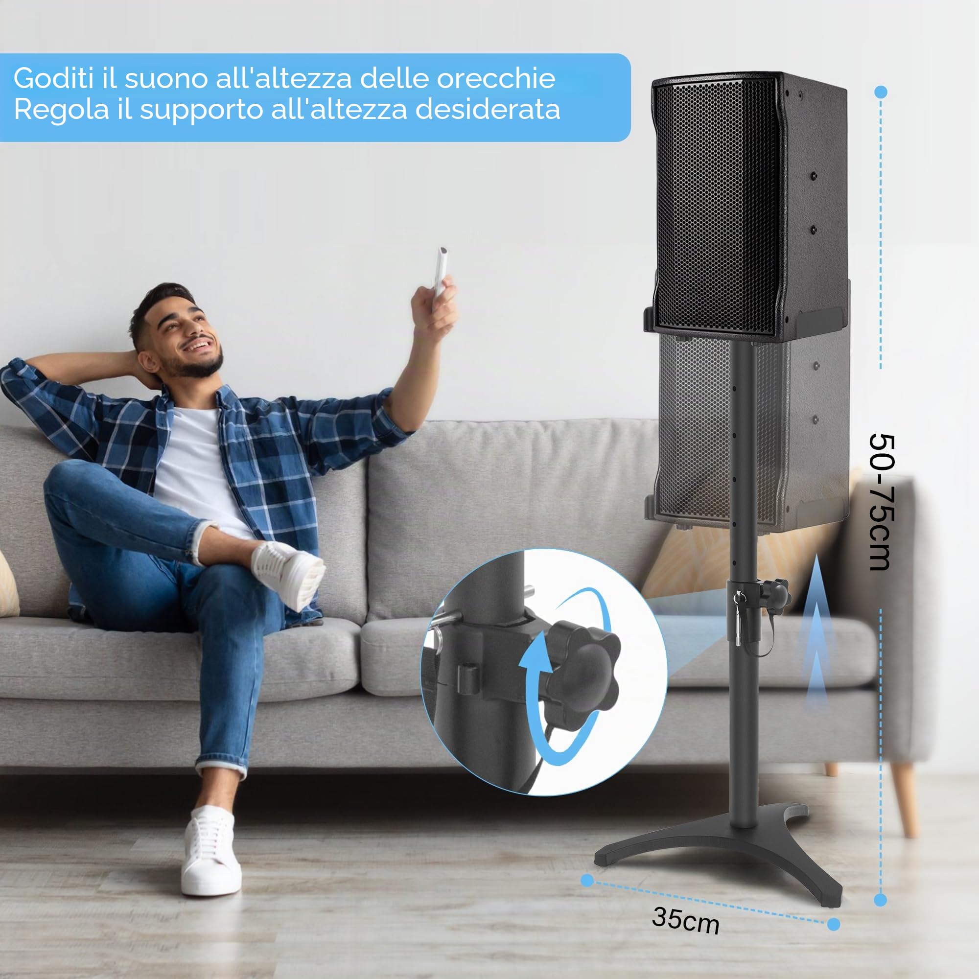 OUUTMEE Set di 2 supporti per altoparlanti regolabili in altezza, piedi per altoparlanti universali, supporti per altoparlanti a pavimento con base triangolare per altoparlanti da libreria e