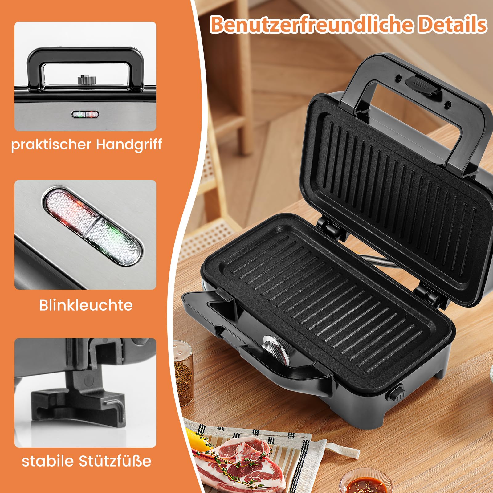 GOPLUS 3-in-1 Sandwichmaker, Waffeleisen, Kontaktgrill, 1200W Sandwichtoaster mit 5-Gang-Temperaturregelung, mit abnehmbaren Platten - Antihaftbeschichtung - elektrischer Panini Maker