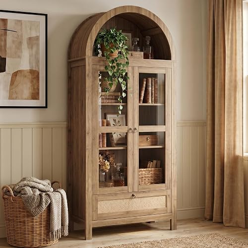 TYBOATLE 71'' Arched Pantry Cabinet with Glass Door for Kitchen