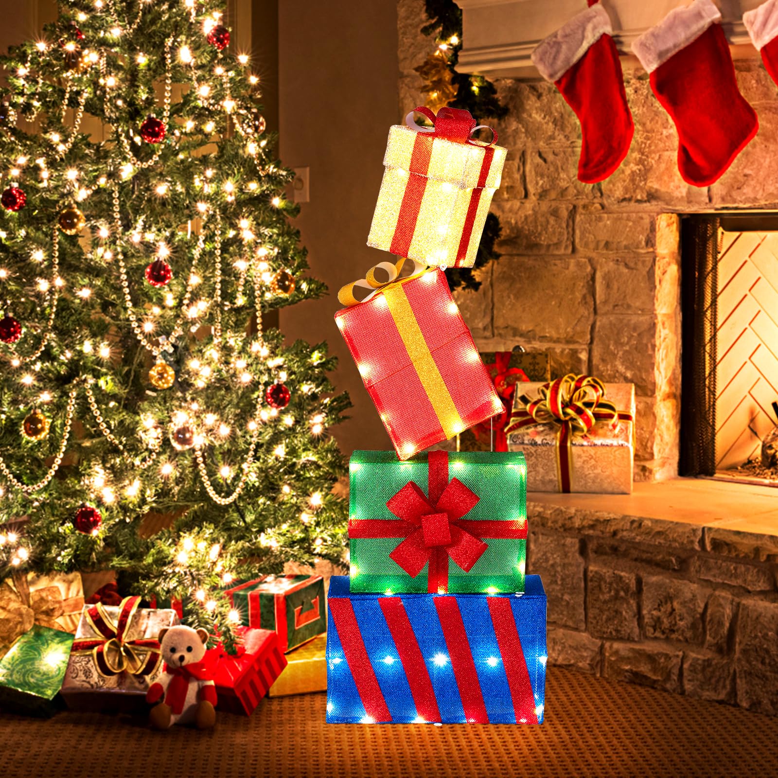 GYMAX Set di 4 Scatole Regalo a LED di Natale, Pacchi Regalo Decorativi con 51 Luci LED Caldi e Fiocchi, Combinazione Flessibile, Decorazione Natalizia Luminosa per Soggiorno, Giardino e Balcone