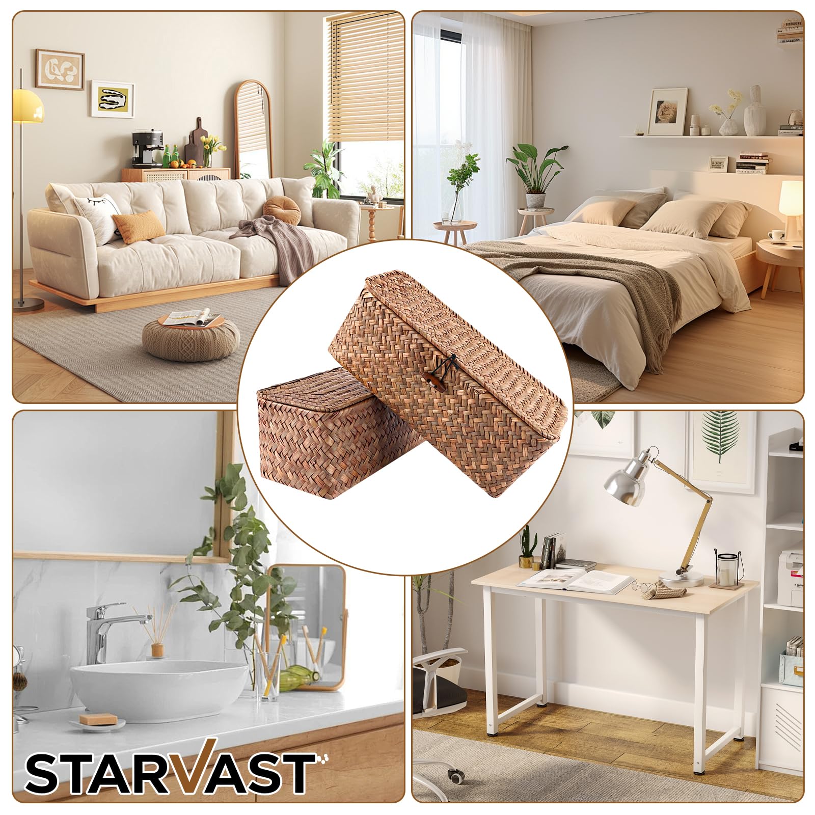 STARVAST Lot de 2 paniers de rangement rectangulaires en jonc de mer avec couvercle tressé naturel avec sections pour organiser les jouets à collation, les tampons