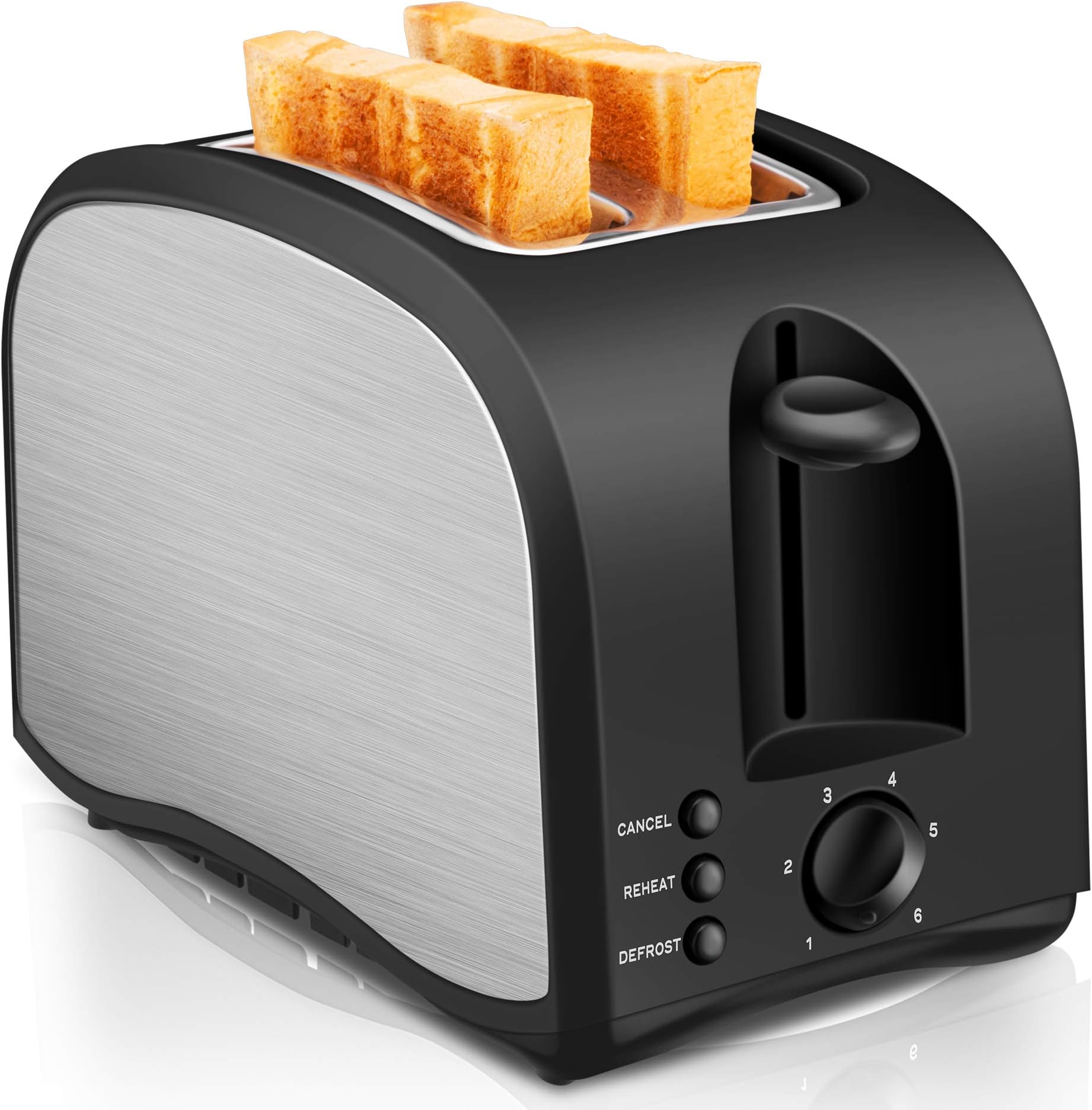 Toaster 2 Slice, CUSINAID Wide Slot Toaster 2 Slice, Stainless Steel Toasters with Pop Up Reheat Defrost Functions, 6-Shade Control, Removable Crumb Tray