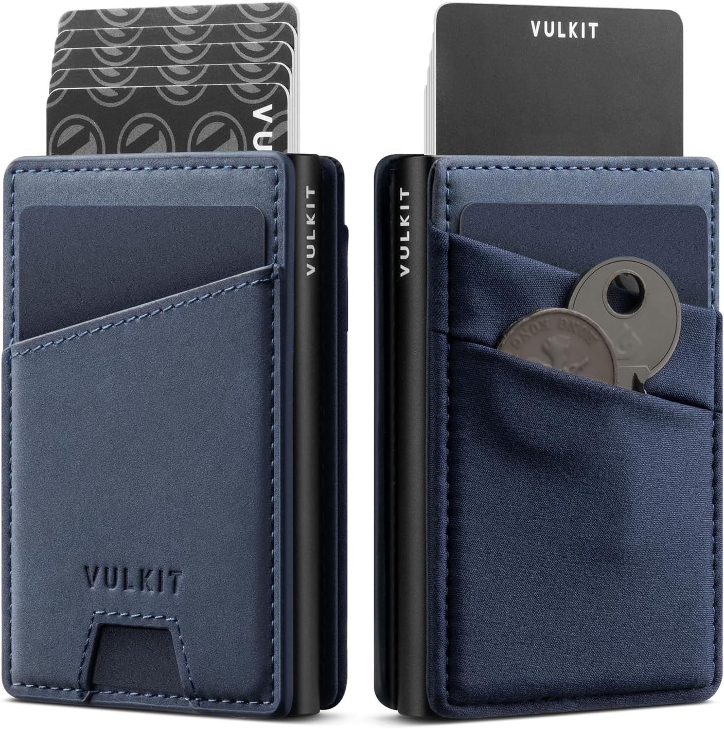 VULKIT Credit Card Holder with Money Pocket Pop up Wallet Metal Card Case RFID Blocking for Airtag, Coins and Cash Navy