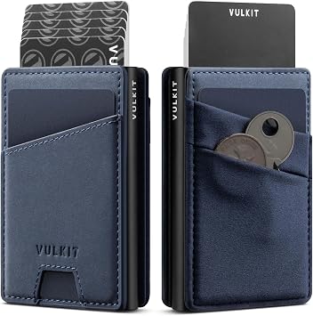 VULKIT Credit Card Holder with Money Pocket Pop up Wallet Metal Card Case RFID Blocking for Airtag, Coins and Cash Navy