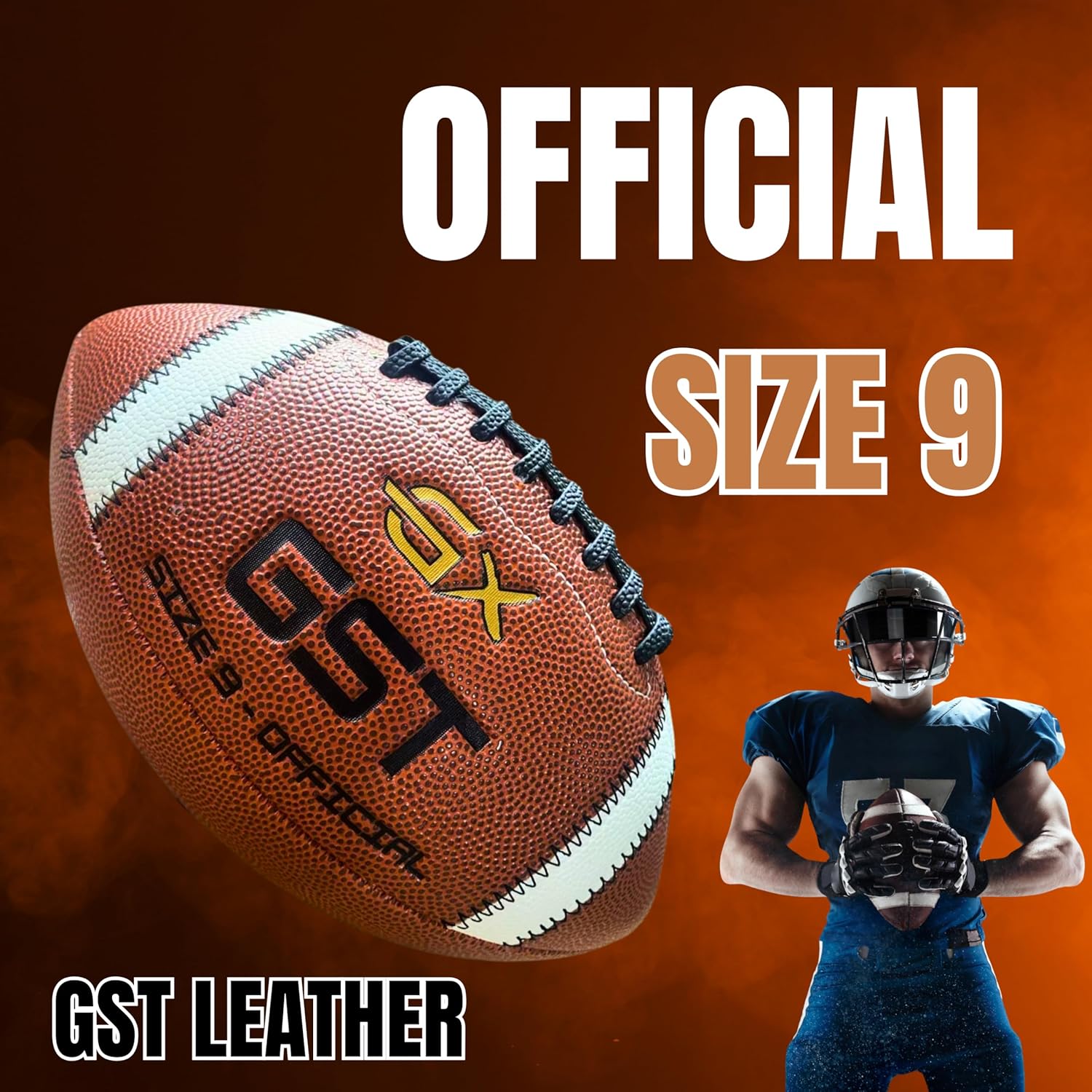 GX Official Size 9 American Football – 2000 Series, Premium GST Leather, Pro Grip, Game & Training Ball for High School & College