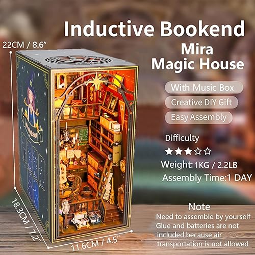 Miniatura 3 de Roroom Kit de rincón de libros para bricolaje, para casa de muñecas, decoración de callejón, rompecabezas de madera 3D con caja de música, soporte