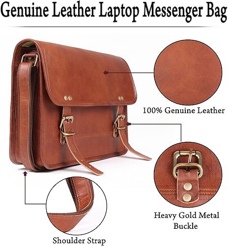 Miniatura 5 de Bolso bandolera de cuero genuino marrón pequeño, perfecto para iPad y computadora portátil pequeña, bolso de hombro envejecido vintage, Marrón, 14