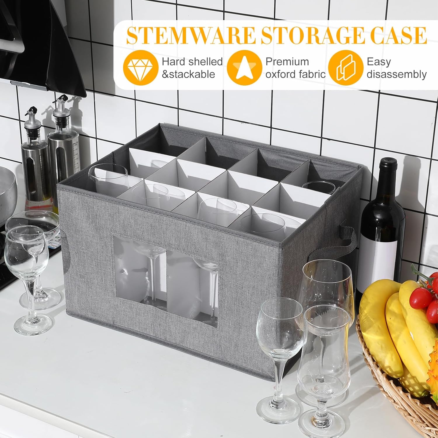 Norme 3 Pack Wine Glasses Storage Box with Dividers, 12 Compartments Stemware Storage Cases Champagne Flute Box with Lid Handle Window China Container Organizer for Moving(Wine Glass Size,Gray)