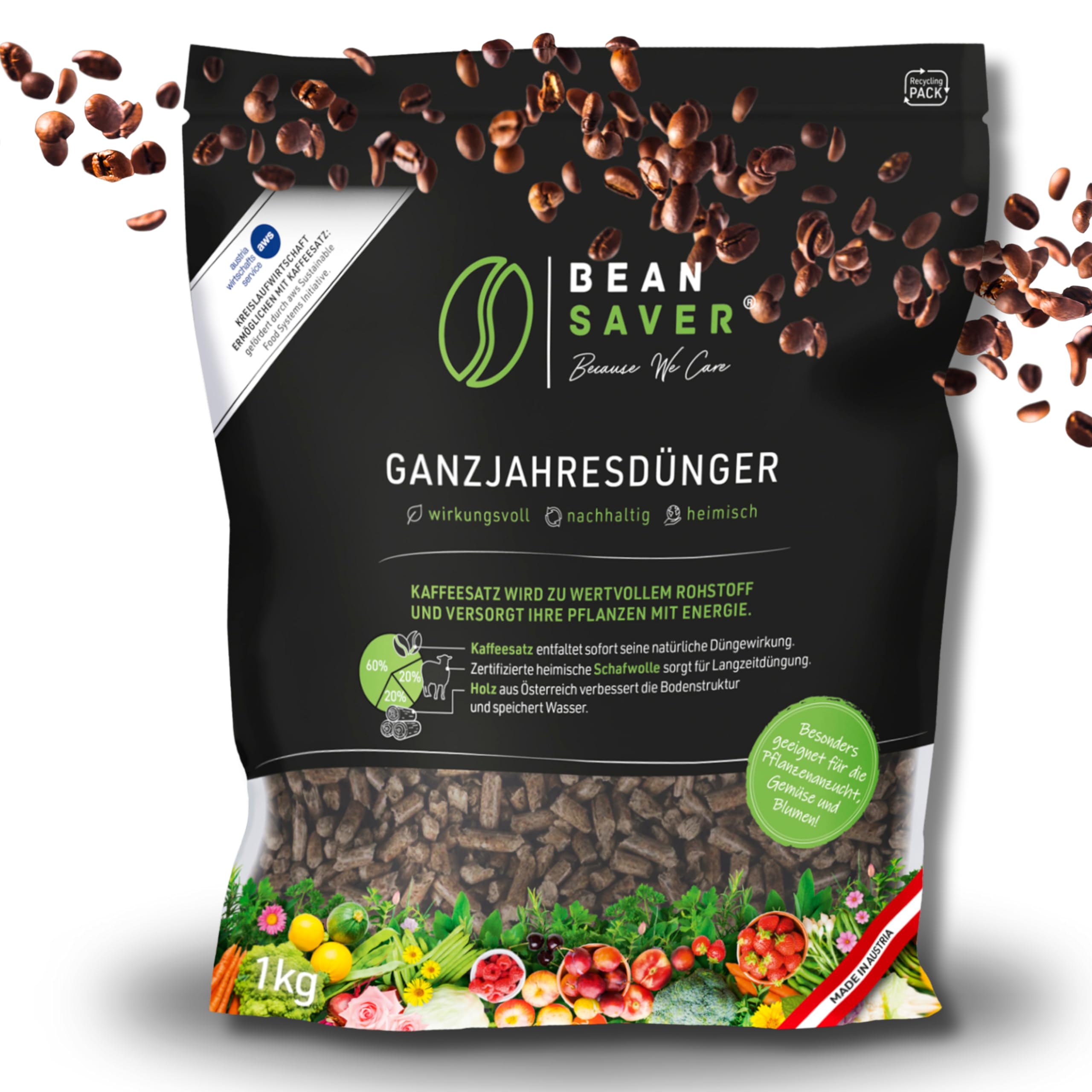 BeanSaver Dnger aus Kaffeesatz [ganzjhrig] natrlicher Langzeitdnger  mit Schafwolle | organische Dngepellets fr alle Pflanzen, Gemse, Obst,  Blumen, Bume, Zimmerpflanzen (1kg) : Amazon.de: Garten