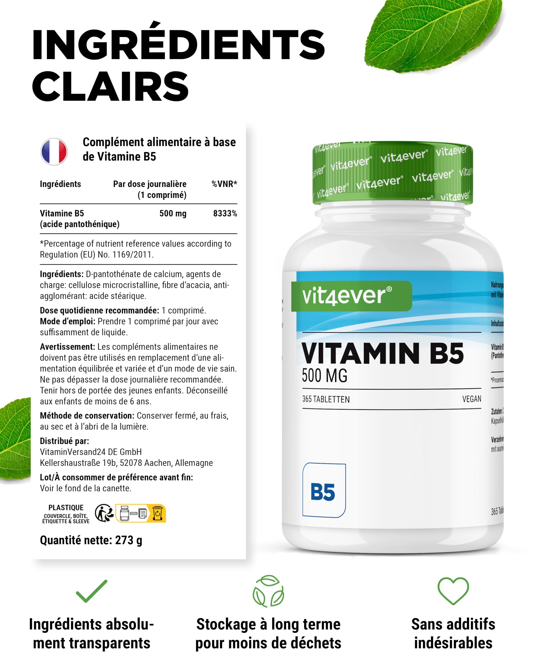 vit4ever Vitamine B5 (Acide Pantothénique) - 500 mg - 365 Comprimés - Réserve 1 An - Hautement Dosé - Sans Additifs Indésirables - Vegan